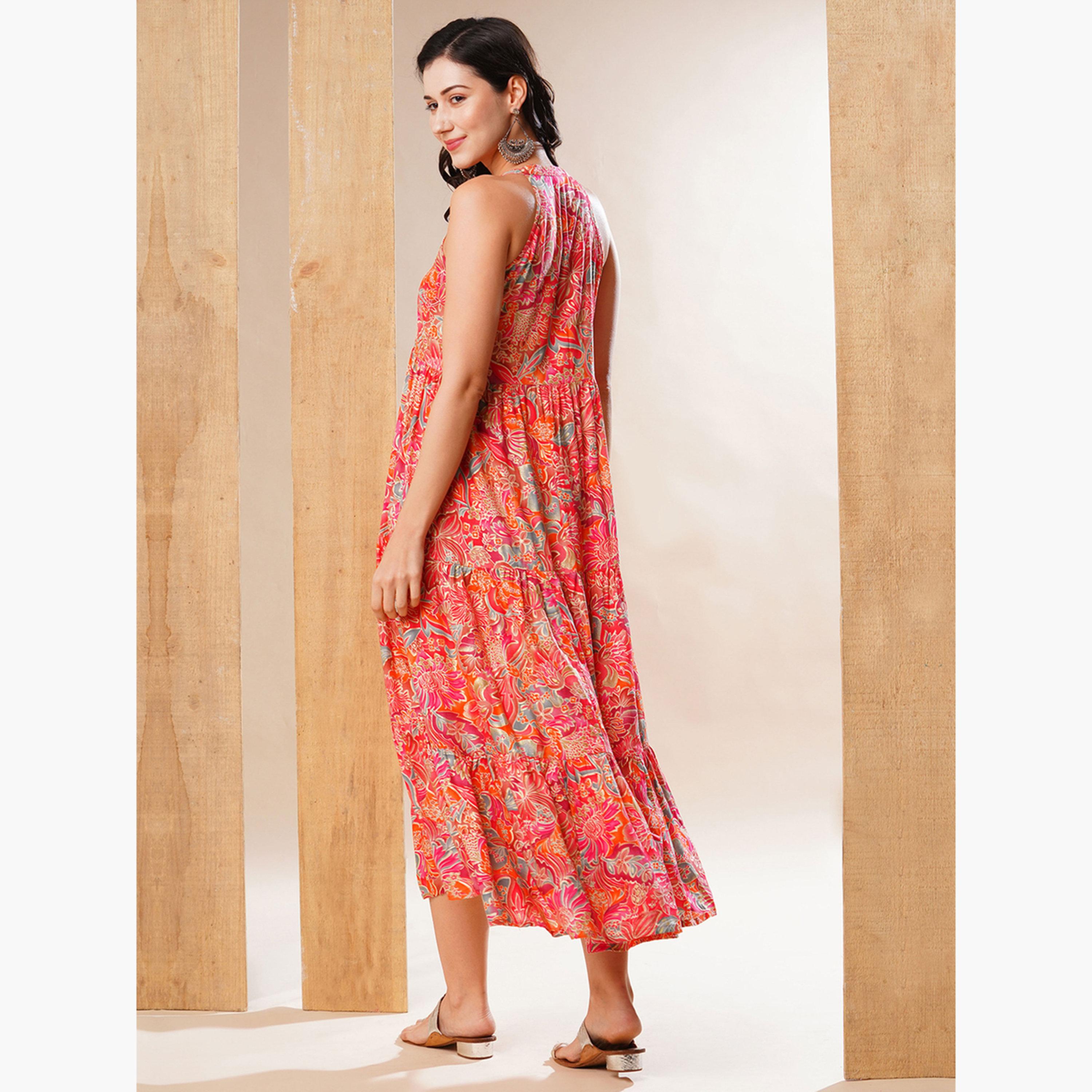 Globus X Styli Floral Print Tiered Fusion Maxi Dress-women-clothing-ethnicwear-dresses-image-3
