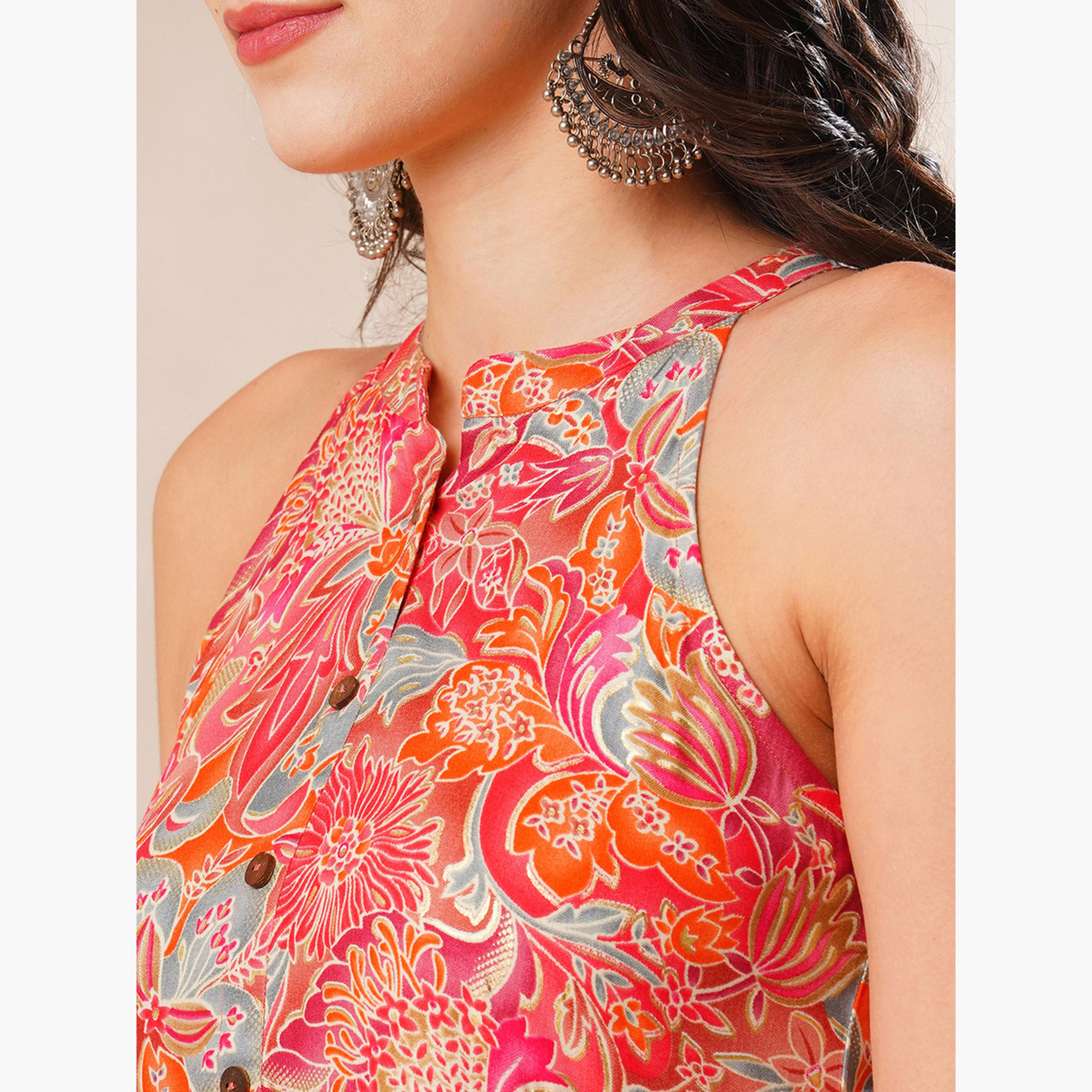 Globus X Styli Floral Print Tiered Fusion Maxi Dress-women-clothing-ethnicwear-dresses-image-4