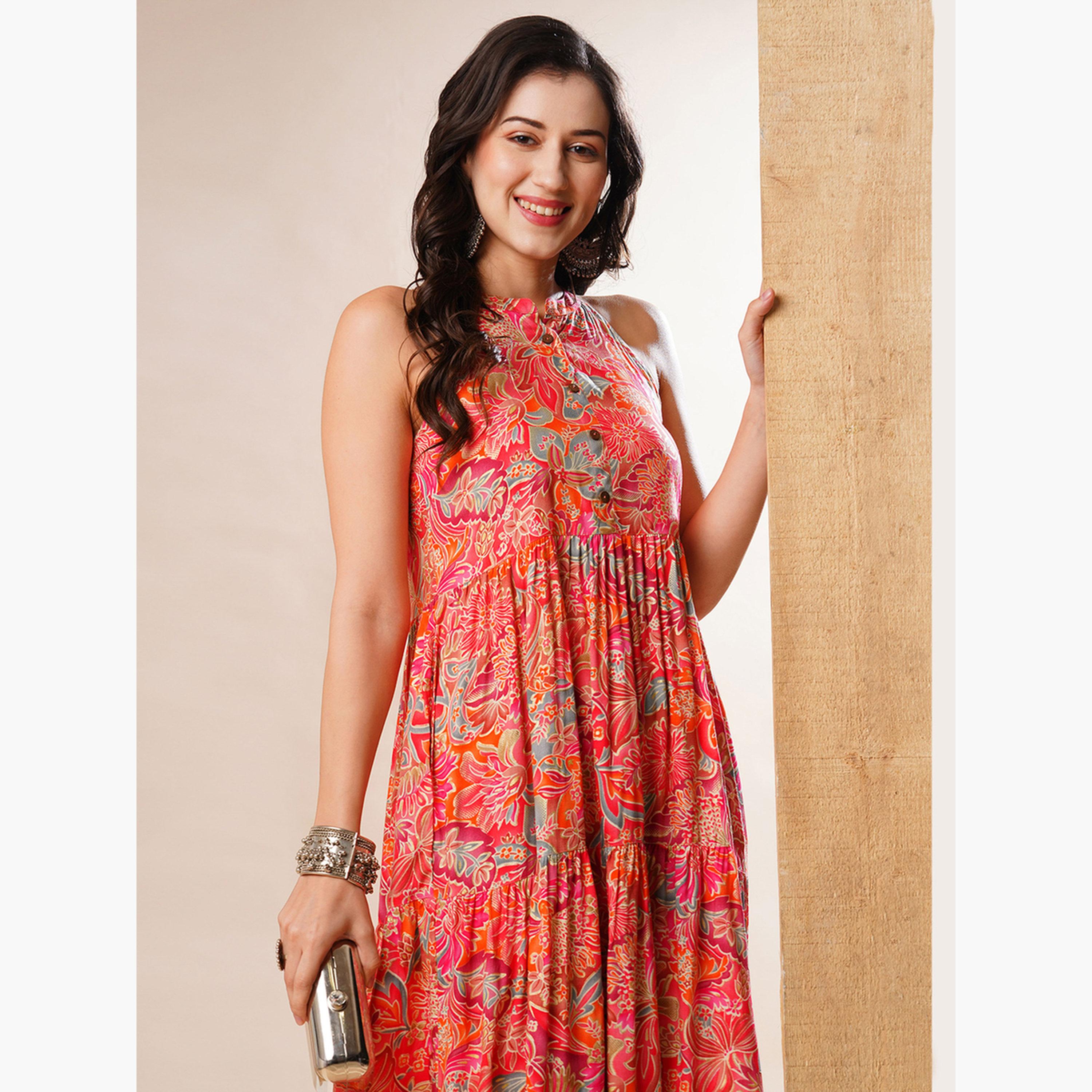 Globus X Styli Floral Print Tiered Fusion Maxi Dress-women-clothing-ethnicwear-dresses-image-5