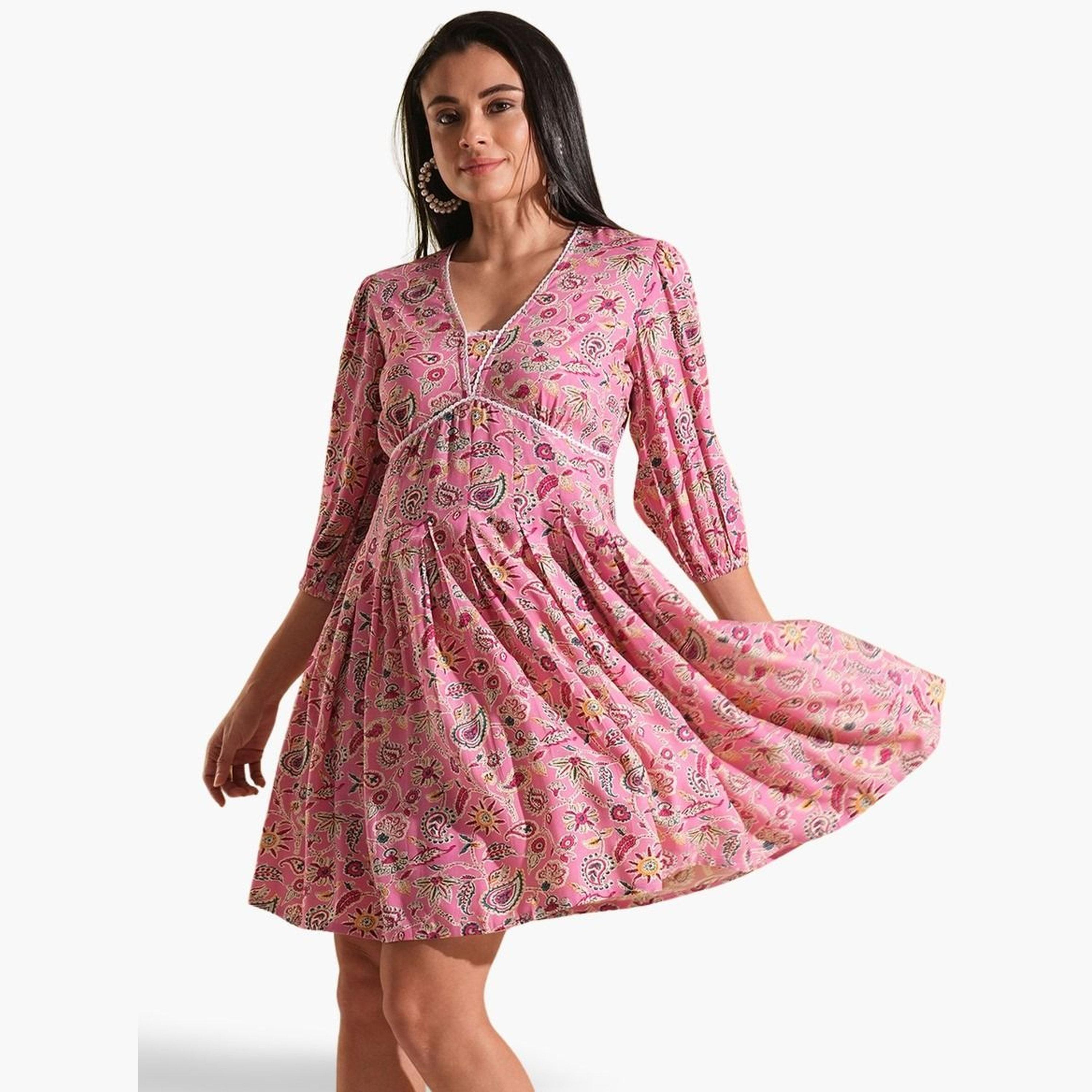 Globus X Styli Pink Paisley Print Pleated A-Line Fusion Dress-women-clothing-ethnicwear-dresses-image-1