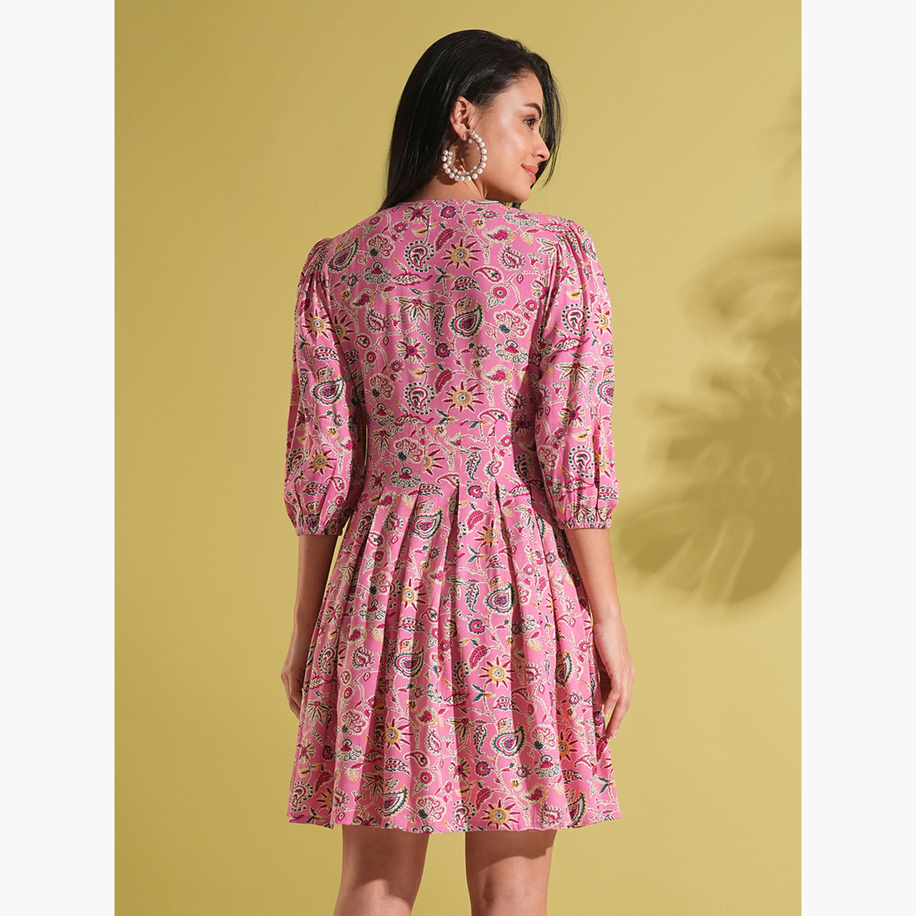 Globus X Styli Pink Paisley Print Pleated A-Line Fusion Dress-women-clothing-ethnicwear-dresses-image-3