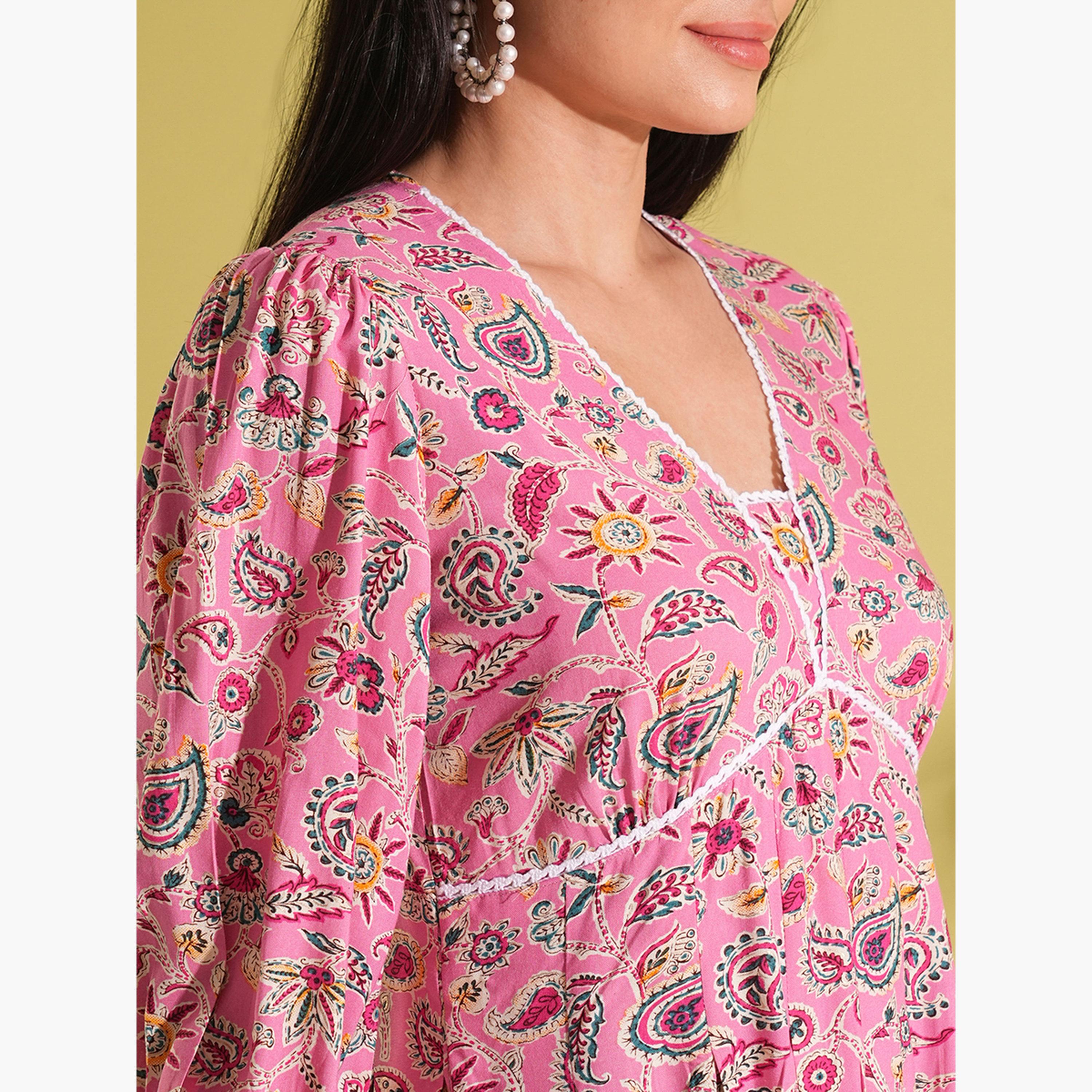 Globus X Styli Pink Paisley Print Pleated A-Line Fusion Dress-women-clothing-ethnicwear-dresses-image-4