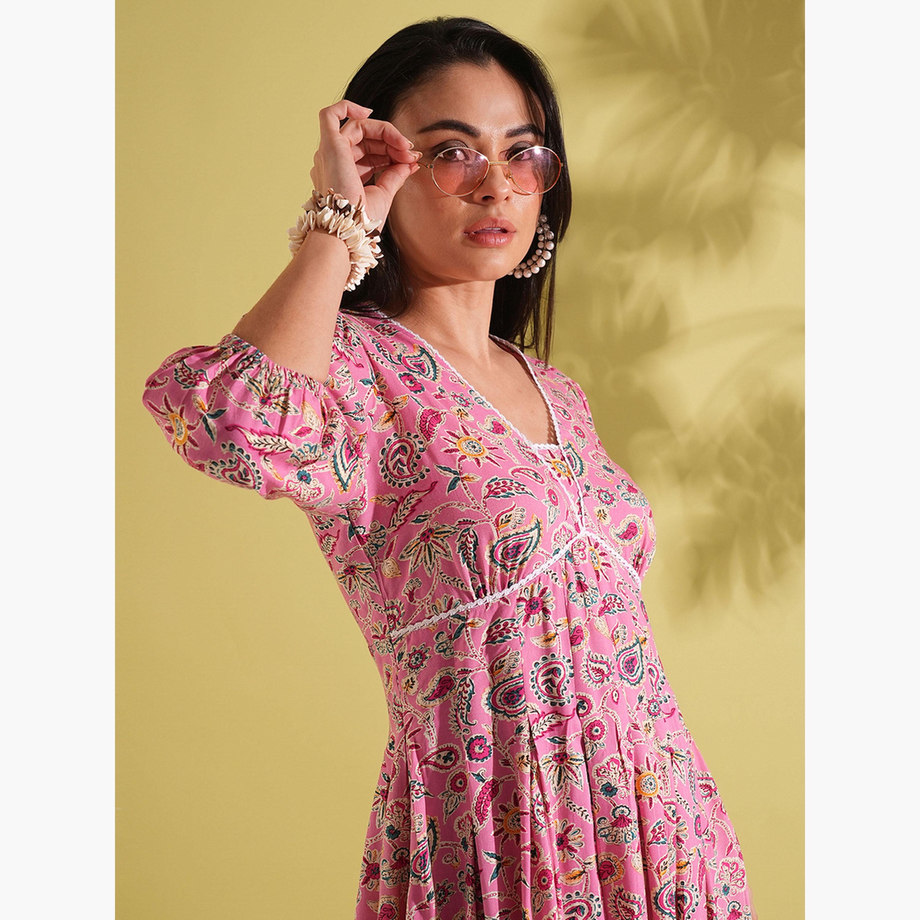 Globus X Styli Pink Paisley Print Pleated A-Line Fusion Dress-women-clothing-ethnicwear-dresses-image-5