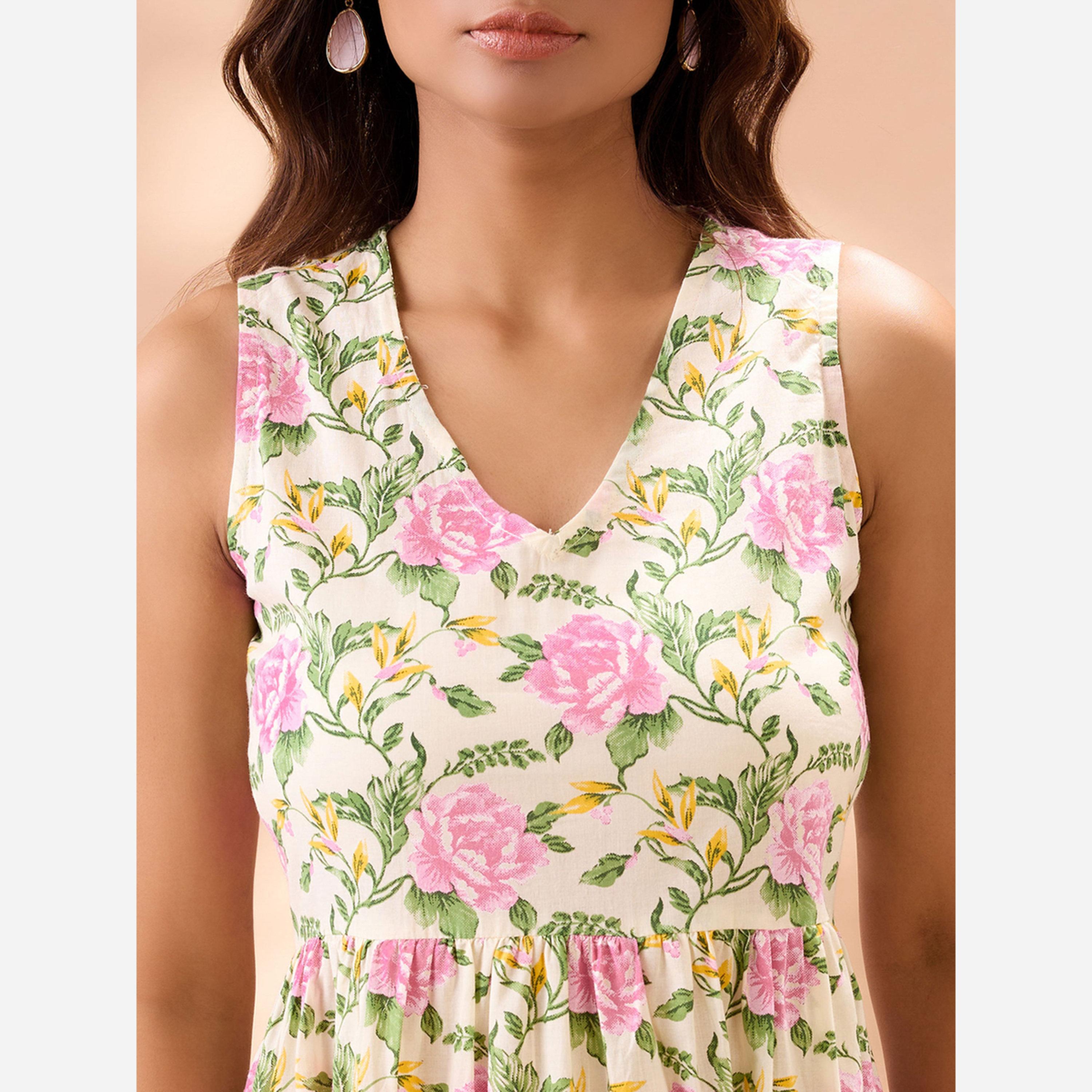 غلوبوص × ستايلي - فستان متوسط الطول تصميم عصري مزين بطبقات من الدانتيل وطبعة زهور-women-clothing-ethnicwear-dresses-image-4