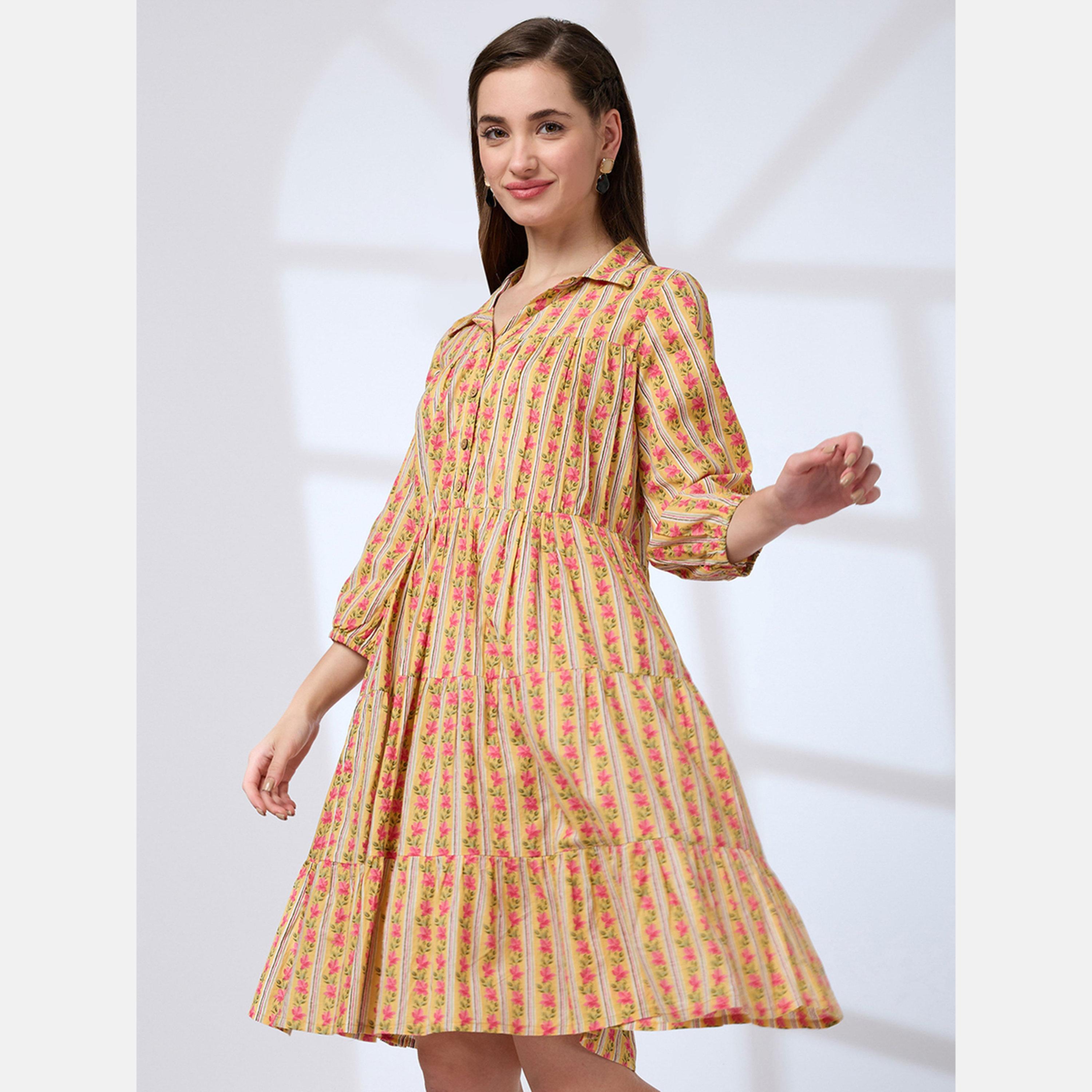 Globus X Styli Yellow Floral Cotton Tiered Work Wear Dress-women-clothing-ethnicwear-dresses-image-1