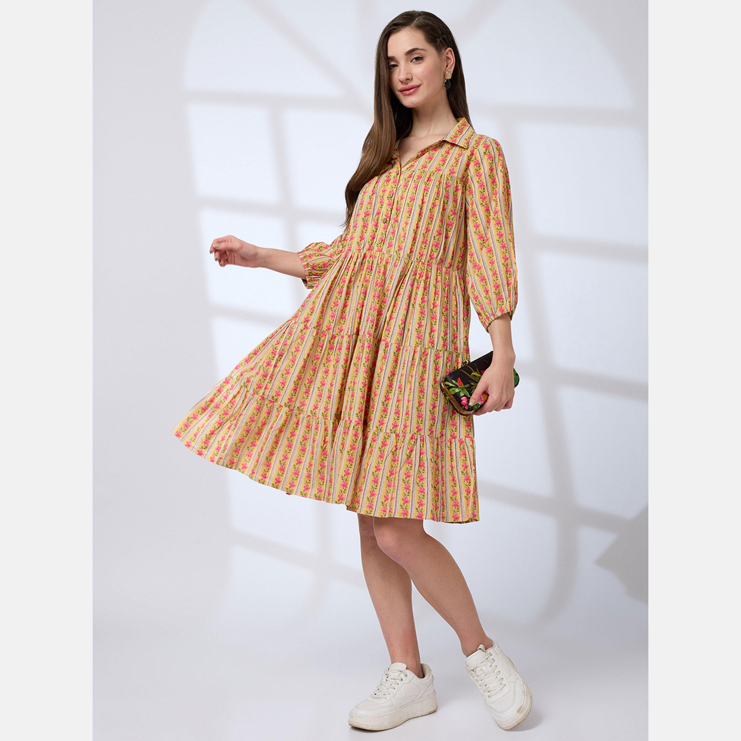 Globus X Styli Yellow Floral Cotton Tiered Work Wear Dress-women-clothing-ethnicwear-dresses-image-2