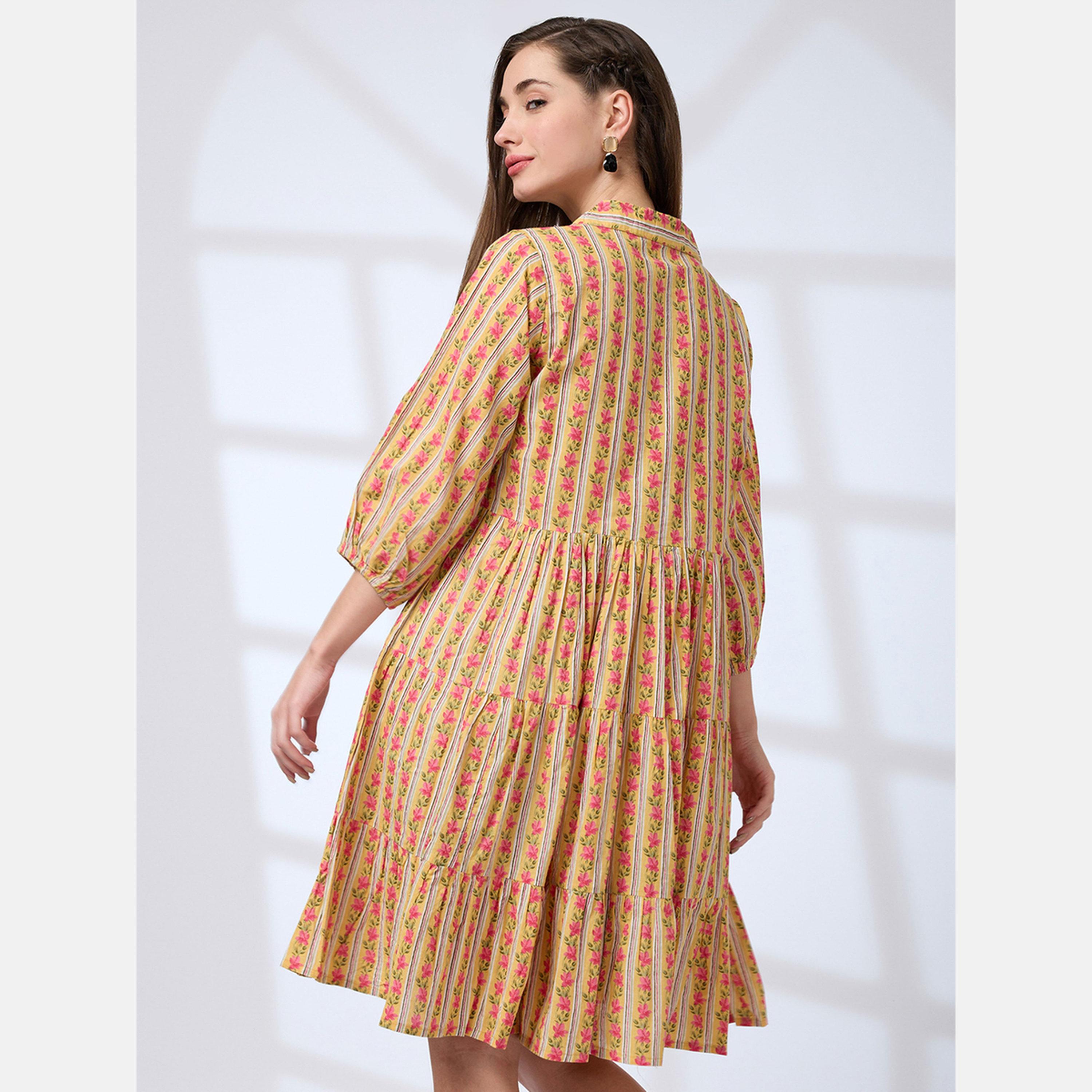 Globus X Styli Yellow Floral Cotton Tiered Work Wear Dress-women-clothing-ethnicwear-dresses-image-3