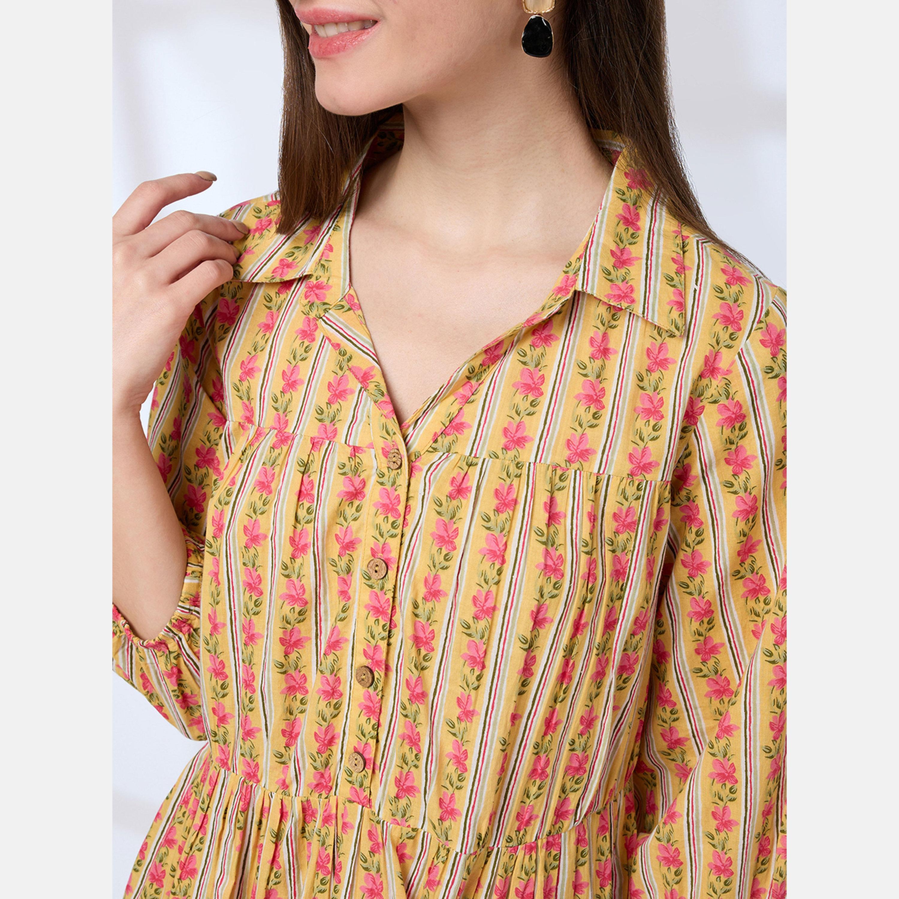 غلوبوص × ستايلي - فستان قطن متعدد الطبقات مزين بالزهور باللون الأصفر-women-clothing-ethnicwear-dresses-image-4