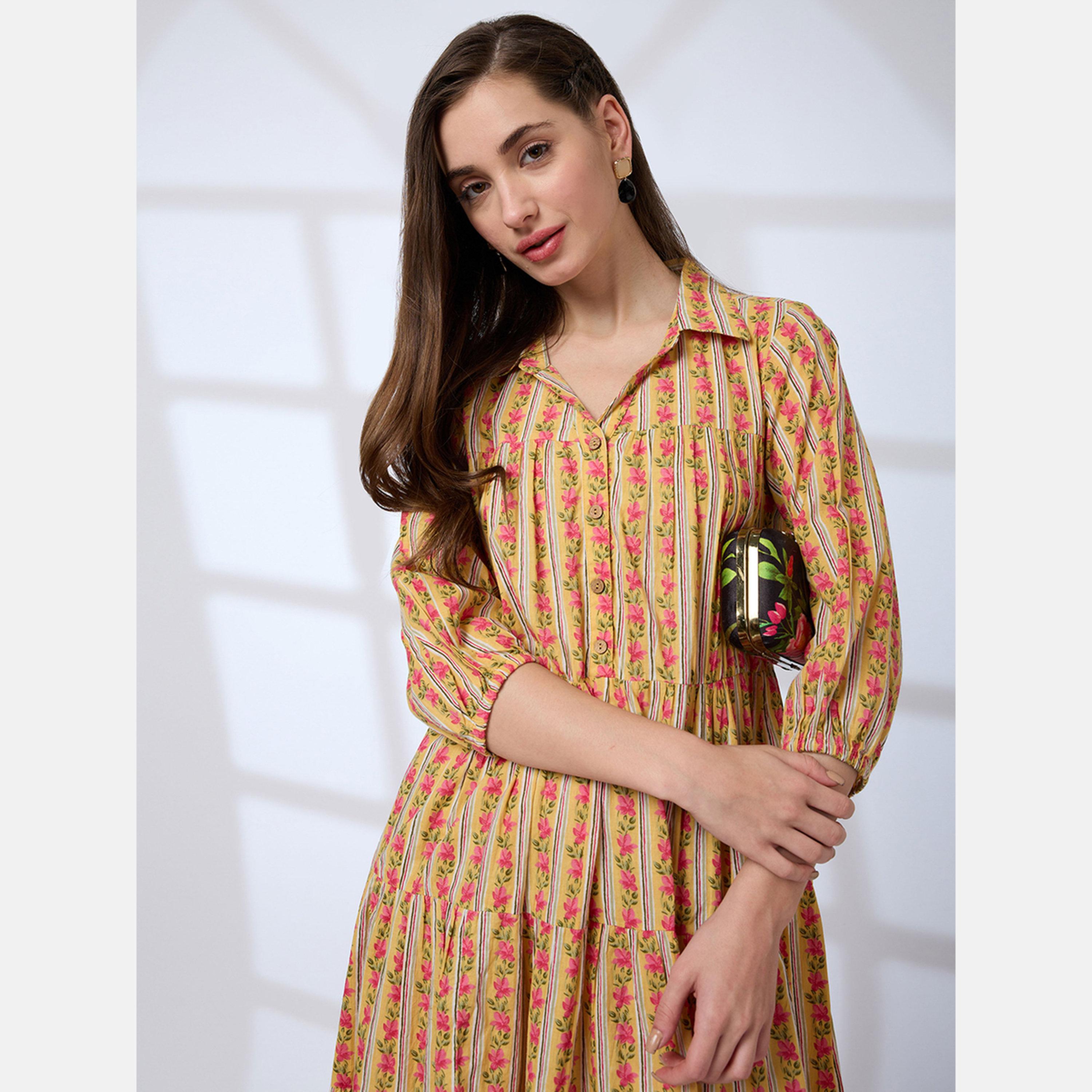 Globus X Styli Yellow Floral Cotton Tiered Work Wear Dress-women-clothing-ethnicwear-dresses-image-5