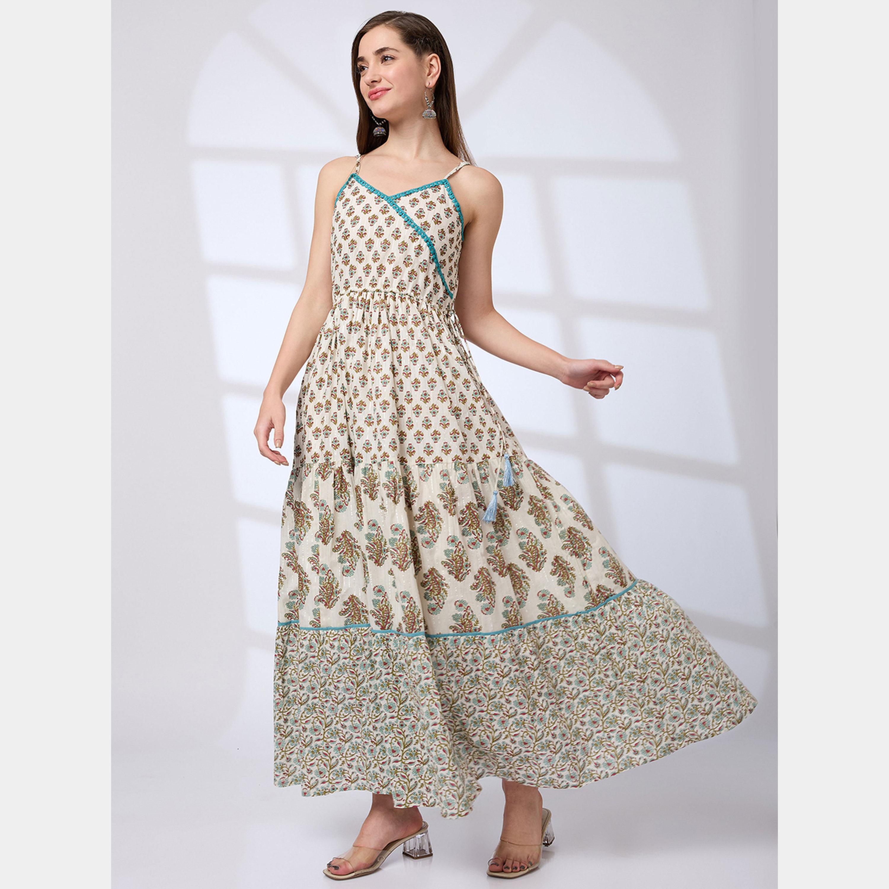 Globus X Styli Floral Print V-Neck Strappy Women's Tiered Fusion Maxi Dress-women-clothing-ethnicwear-dresses-image-1