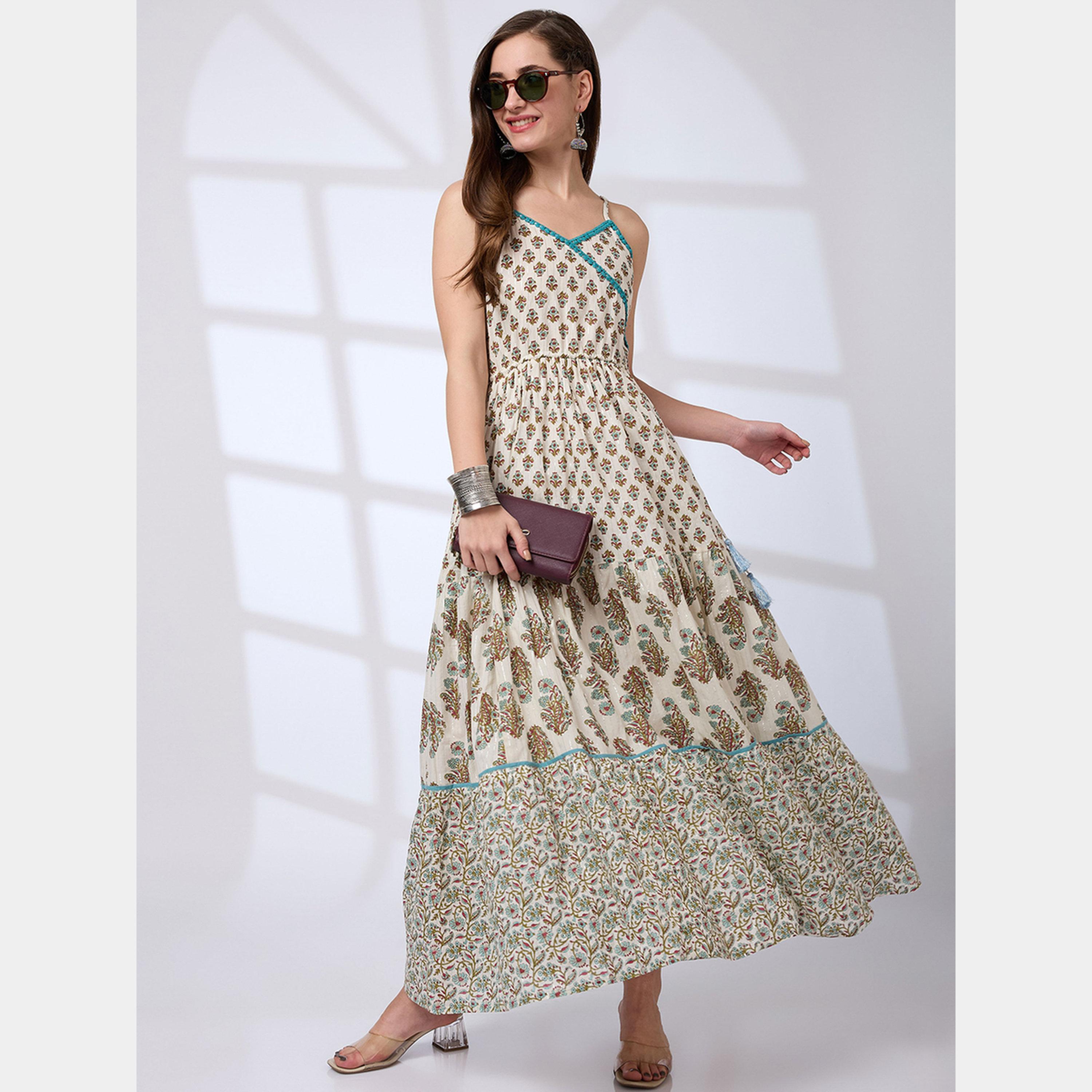 Globus X Styli Floral Print V-Neck Strappy Women's Tiered Fusion Maxi Dress-women-clothing-ethnicwear-dresses-image-2