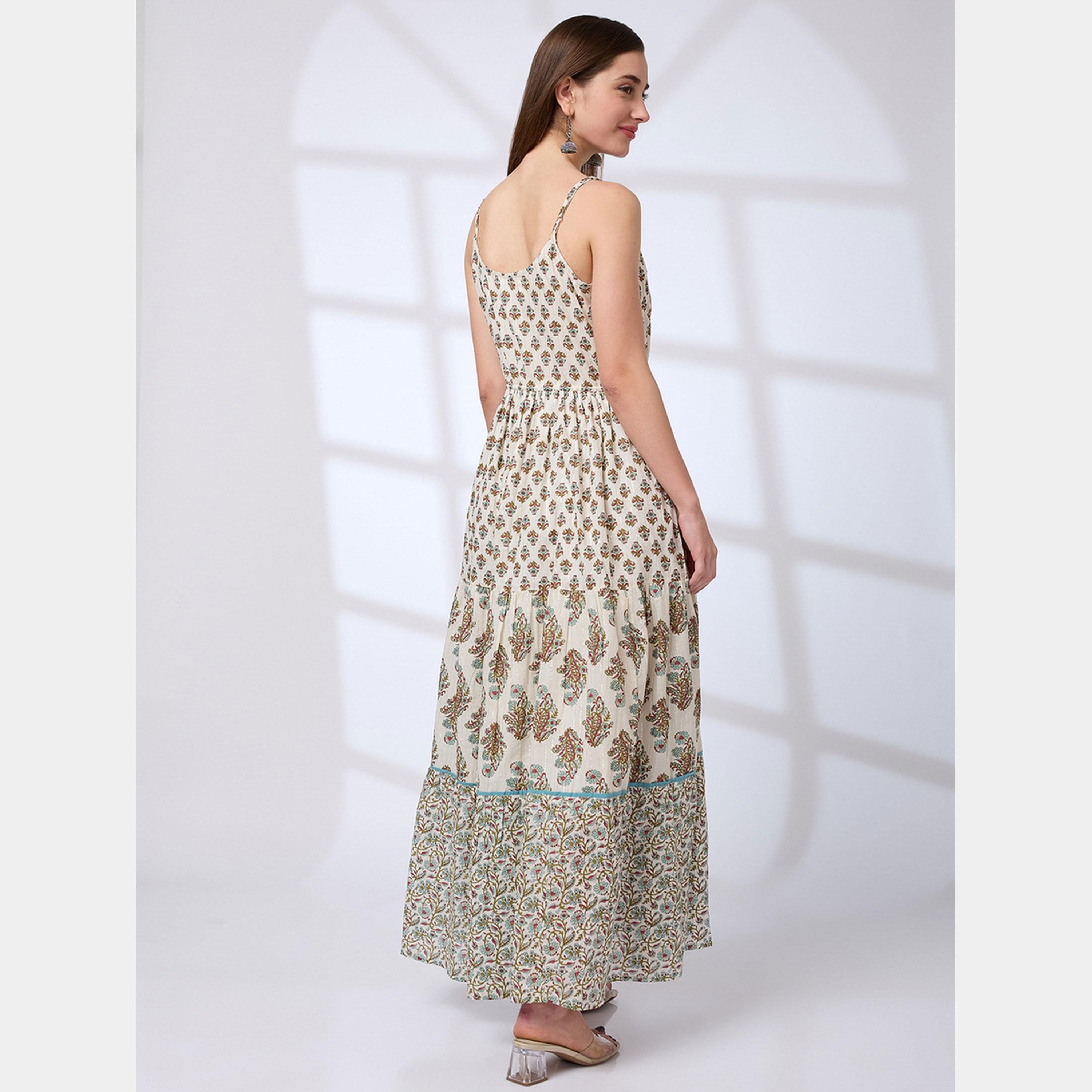 Globus X Styli Floral Print V-Neck Strappy Women's Tiered Fusion Maxi Dress-women-clothing-ethnicwear-dresses-image-3