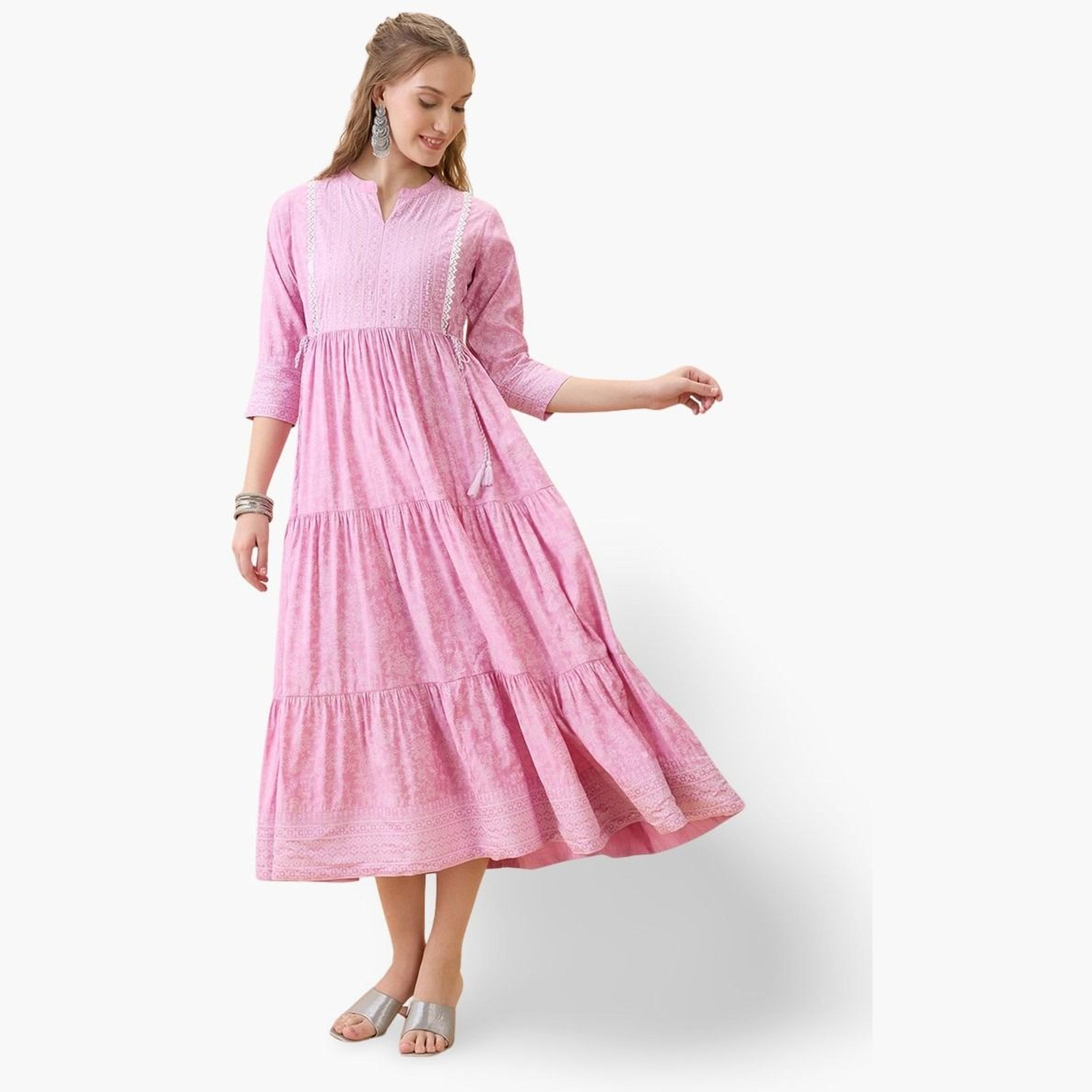 غلوبوص × ستايلي - فستان متوسط الطول مورّد متعدد الطبقات لوزن زهري-women-clothing-ethnicwear-dresses-image-1