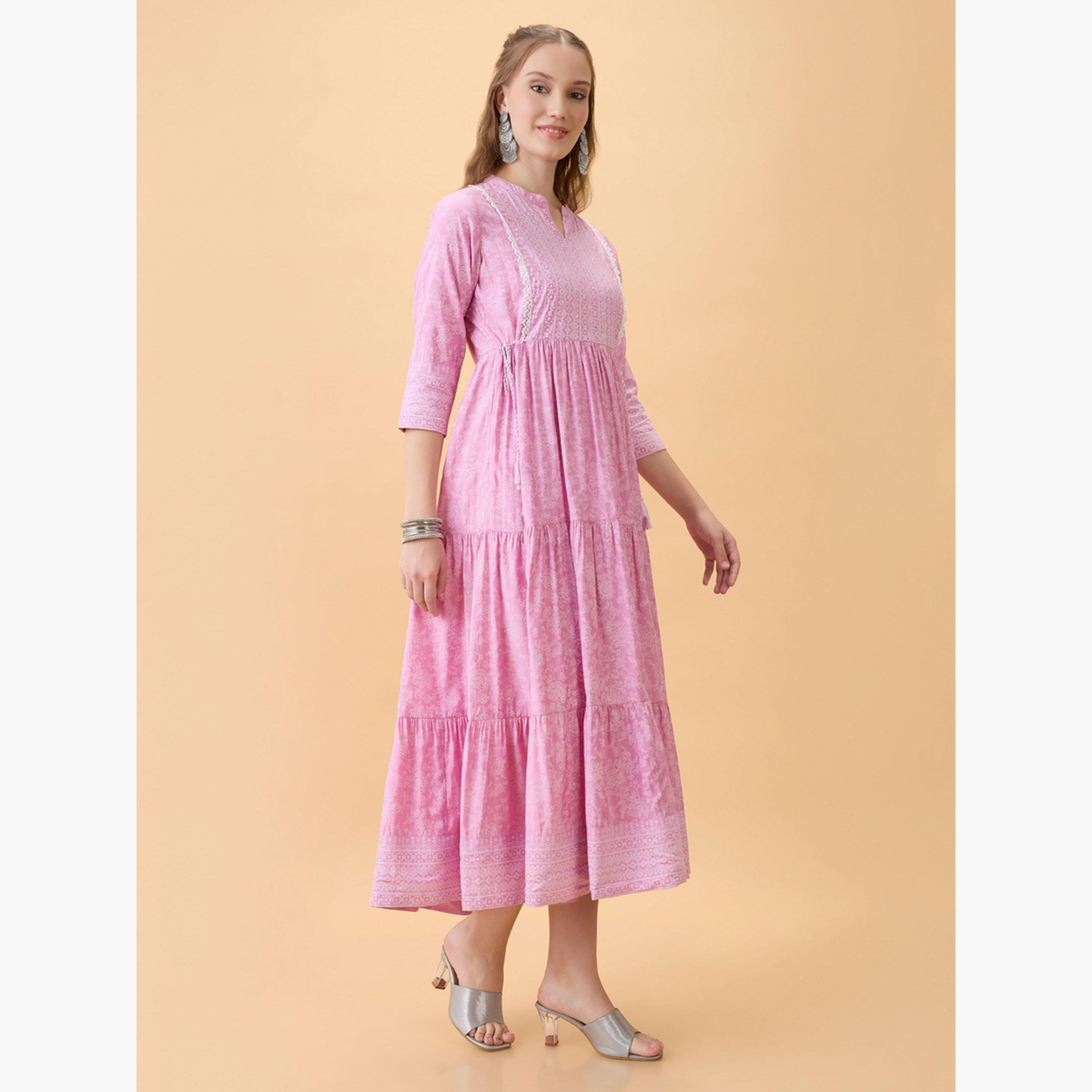 غلوبوص × ستايلي - فستان متوسط الطول مورّد متعدد الطبقات لوزن زهري-women-clothing-ethnicwear-dresses-image-2