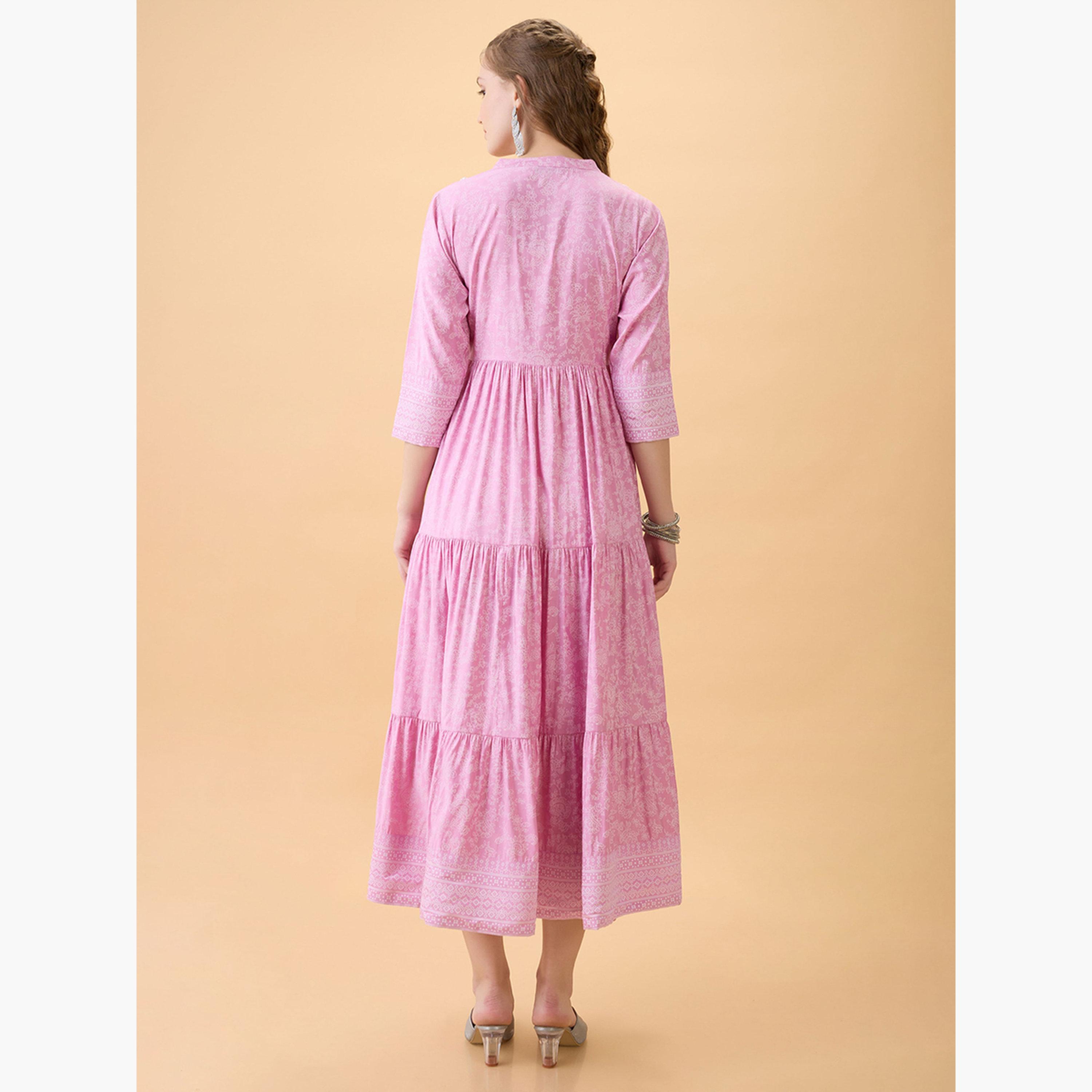 غلوبوص × ستايلي - فستان متوسط الطول مورّد متعدد الطبقات لوزن زهري-women-clothing-ethnicwear-dresses-image-3
