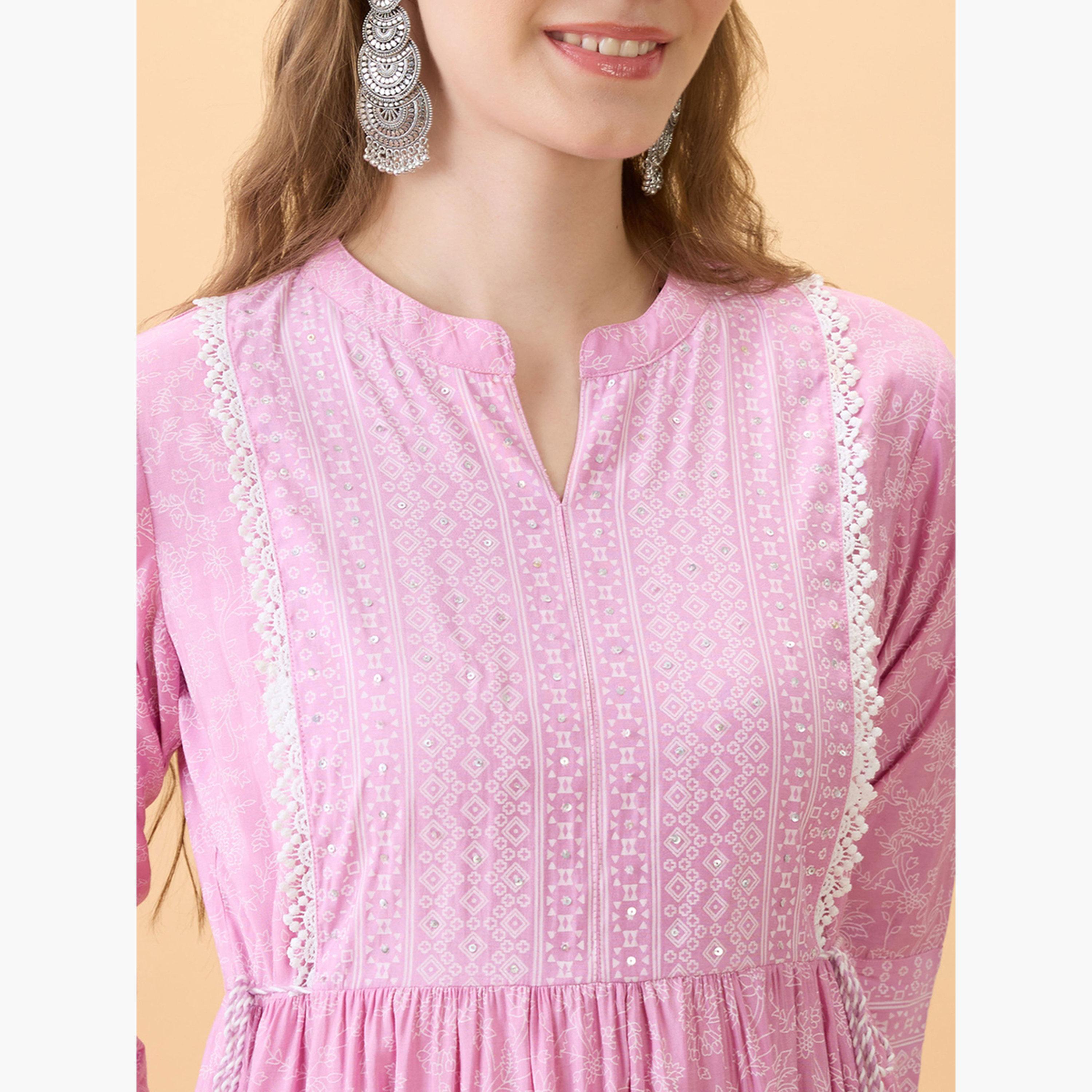 غلوبوص × ستايلي - فستان متوسط الطول مورّد متعدد الطبقات لوزن زهري-women-clothing-ethnicwear-dresses-image-4