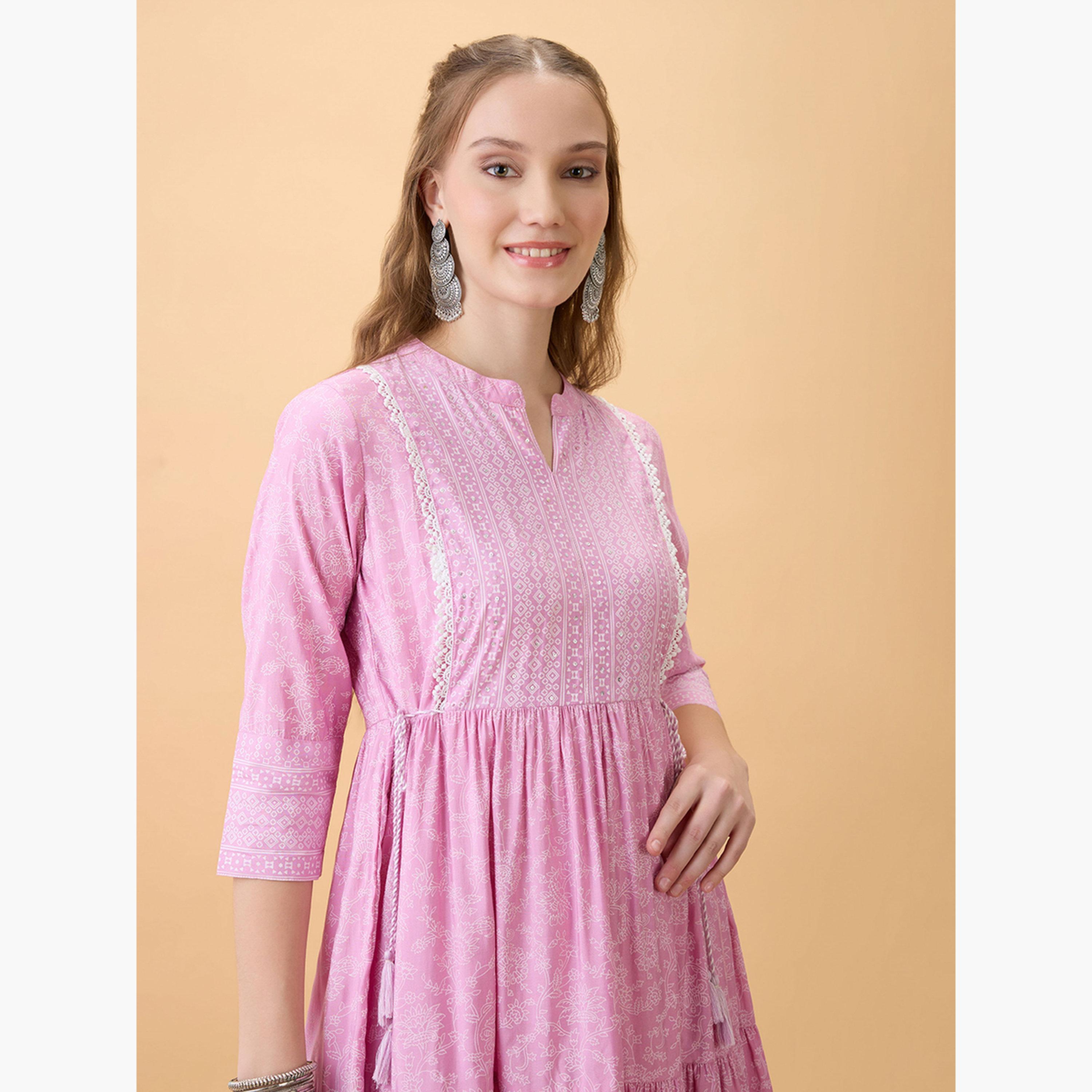 غلوبوص × ستايلي - فستان متوسط الطول مورّد متعدد الطبقات لوزن زهري-women-clothing-ethnicwear-dresses-image-5