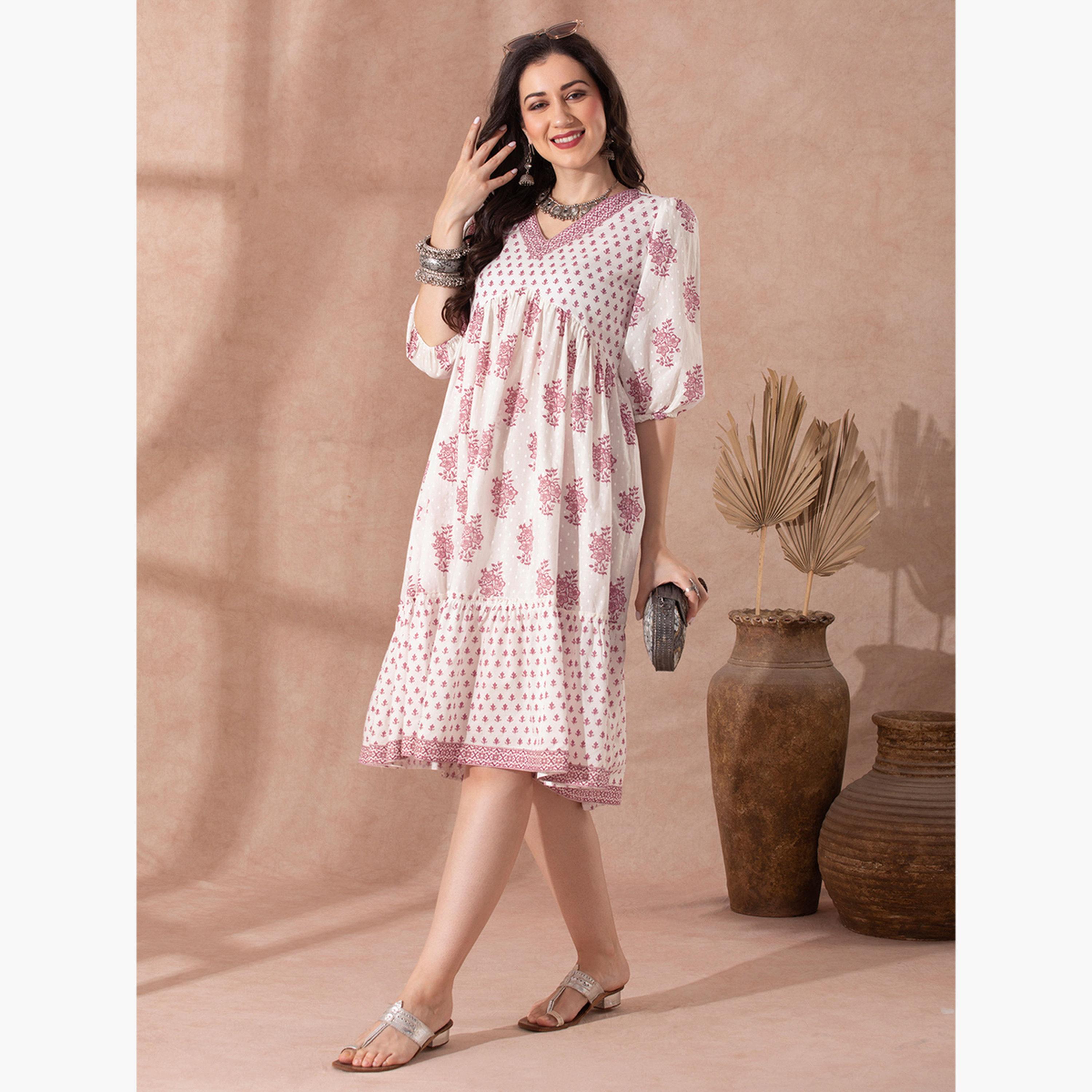 Globus X Styli Ethnic Floral Print Flared Hem Fusion Dress-women-clothing-ethnicwear-dresses-image-2