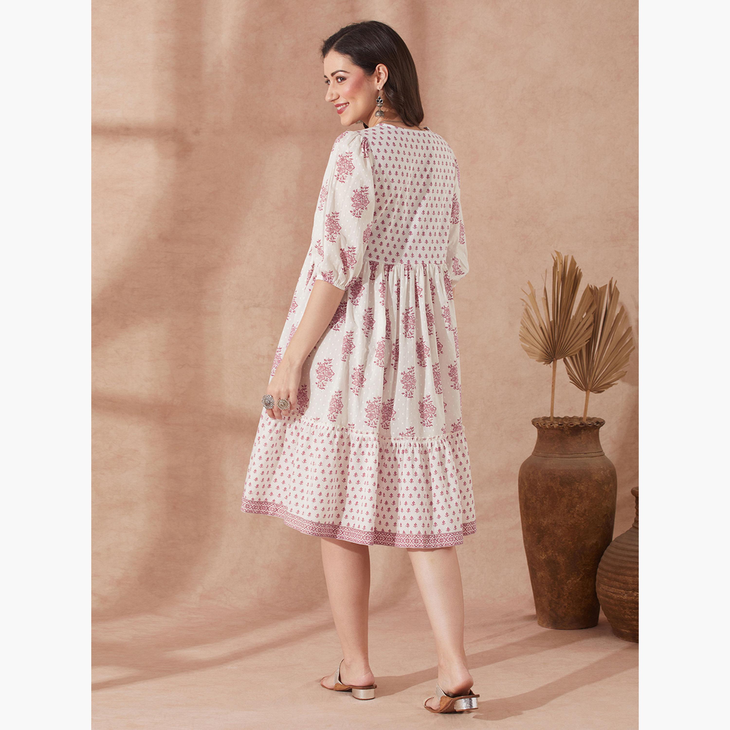 Globus X Styli Ethnic Floral Print Flared Hem Fusion Dress-women-clothing-ethnicwear-dresses-image-3