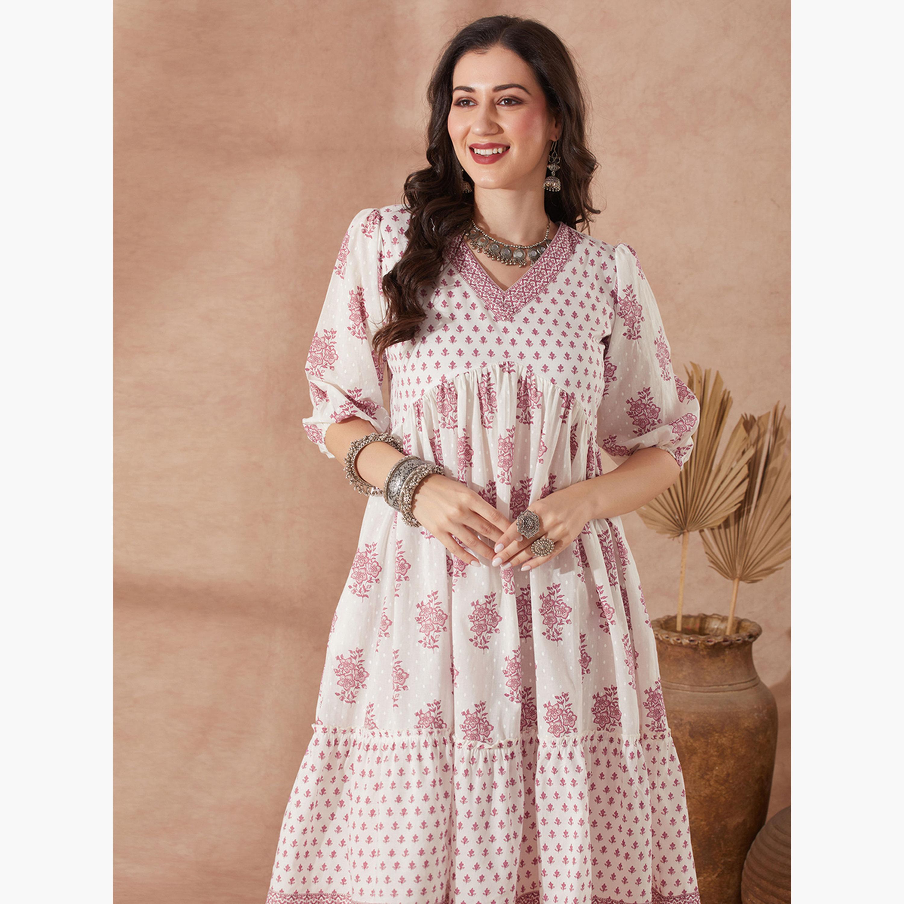Globus X Styli Ethnic Floral Print Flared Hem Fusion Dress-women-clothing-ethnicwear-dresses-image-5