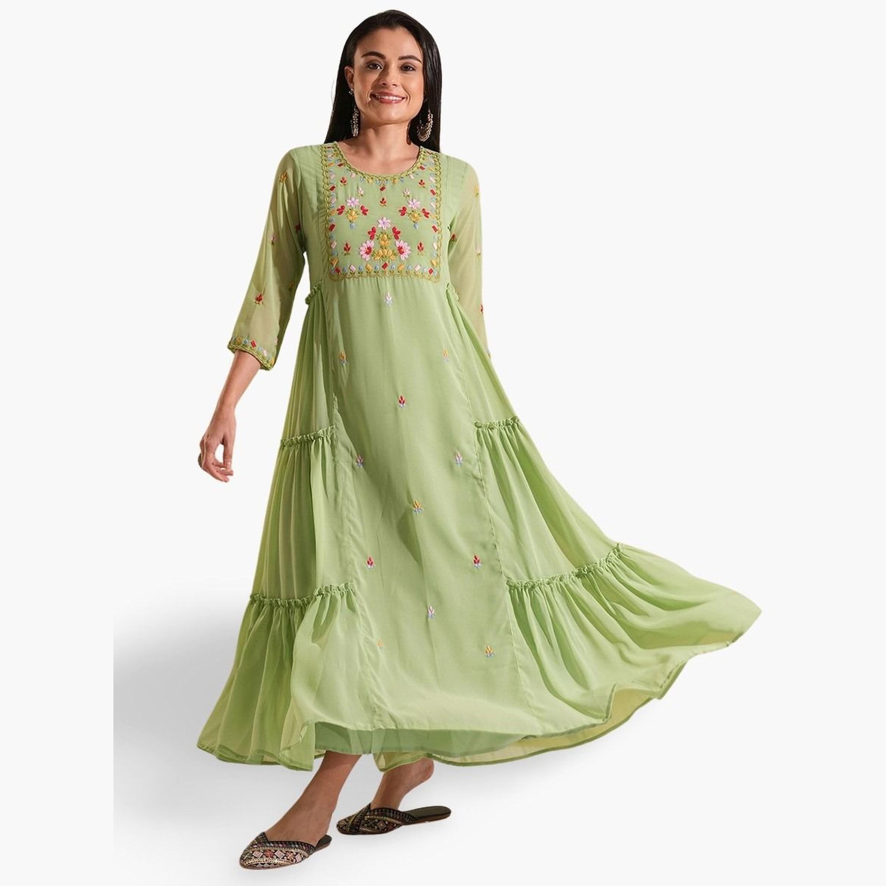 Globus X Styli Embroidered Yoke Georgette Tiered Maxi Fusion Dress-women-clothing-ethnicwear-dresses-image-1