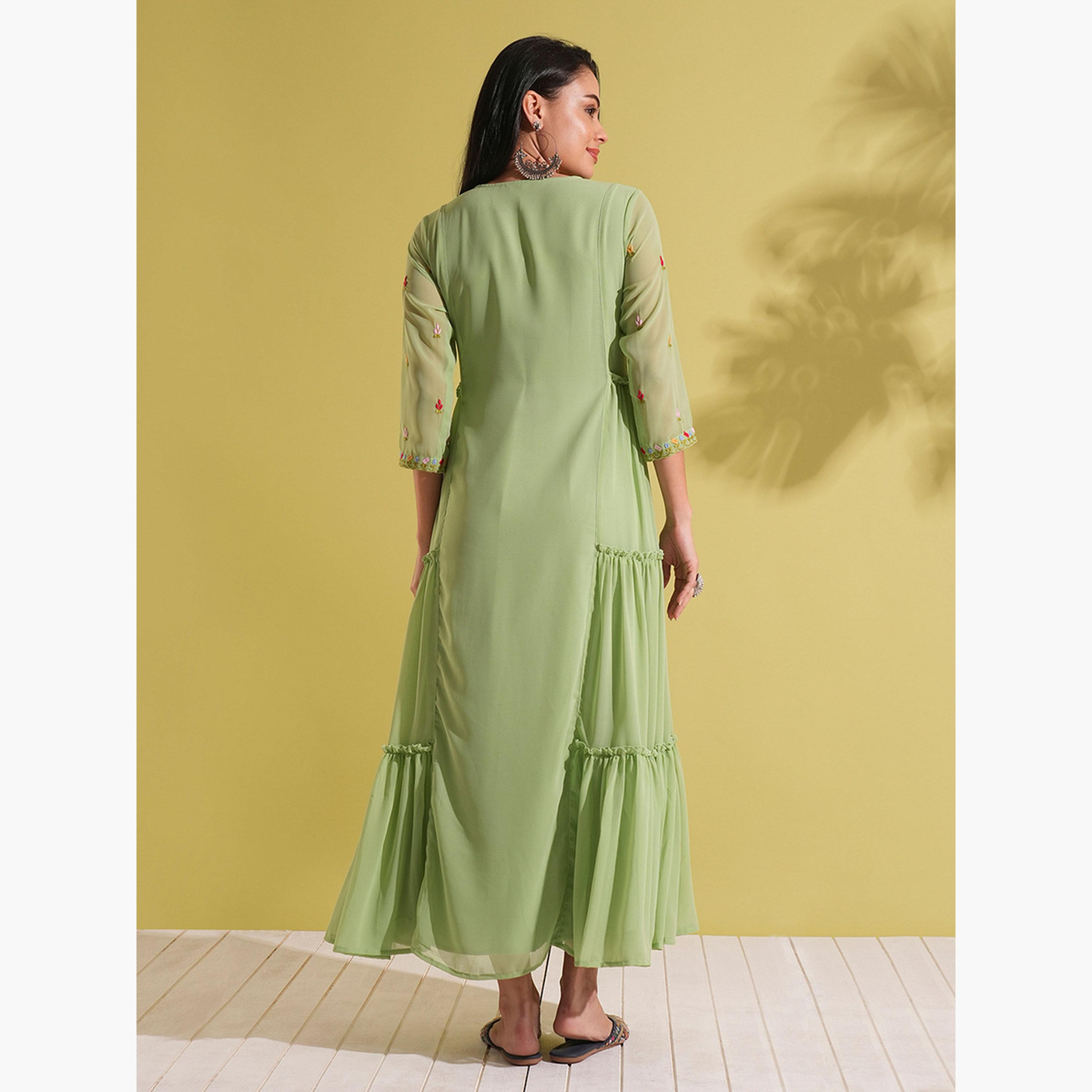 Globus X Styli Embroidered Yoke Georgette Tiered Maxi Fusion Dress-women-clothing-ethnicwear-dresses-image-3