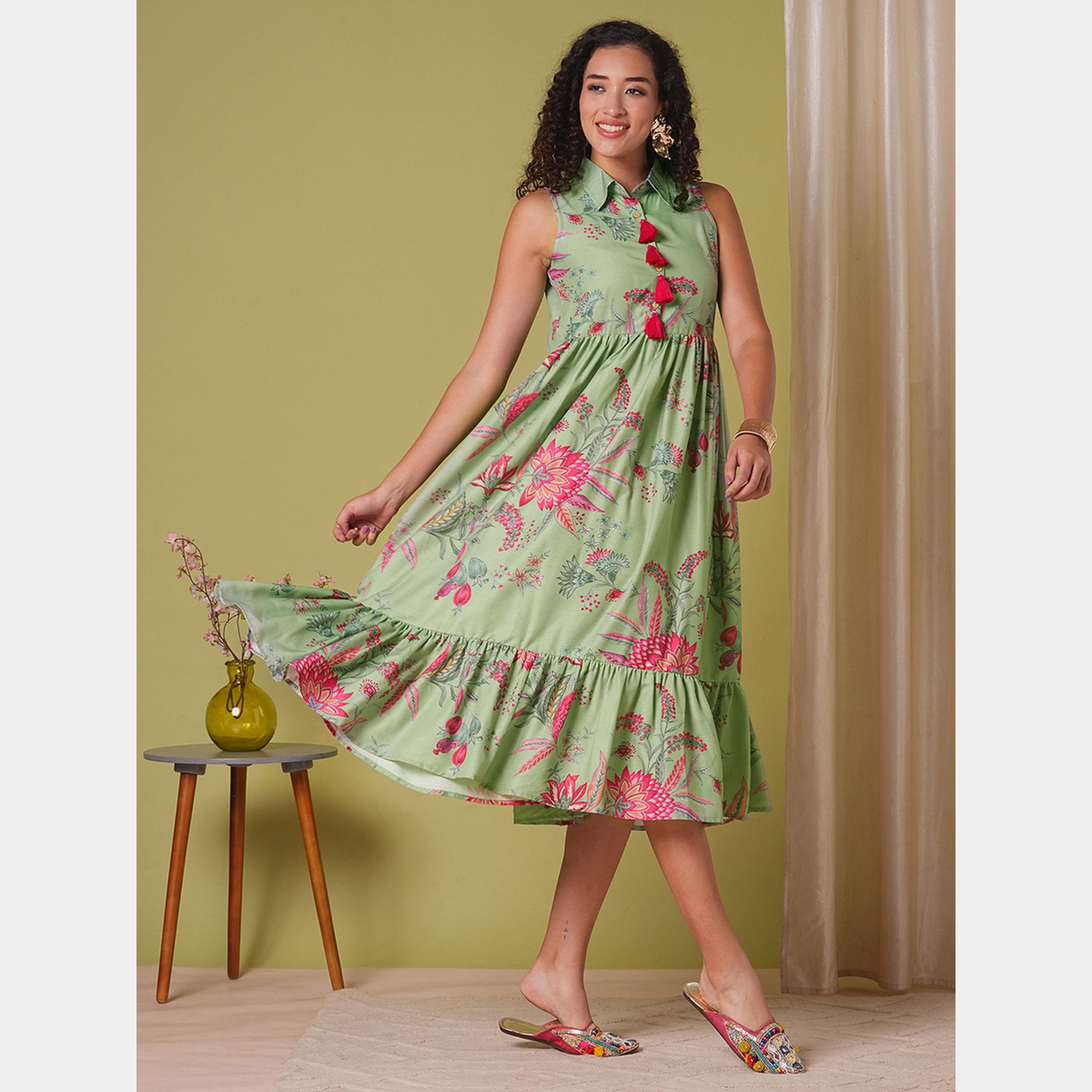 Globus X Styli Floral Print Tassel Detail Collared Women's Gathered Midi Fusion Dress-women-clothing-ethnicwear-dresses-image-1