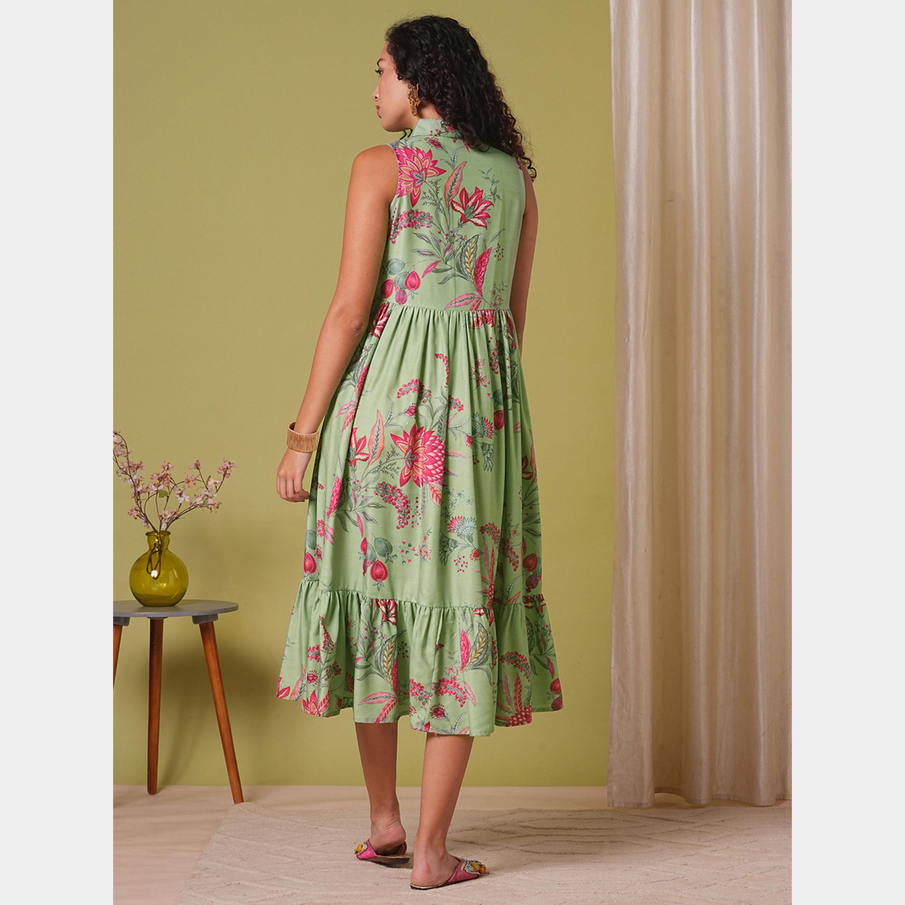 Globus X Styli Floral Print Tassel Detail Collared Women's Gathered Midi Fusion Dress-women-clothing-ethnicwear-dresses-image-3