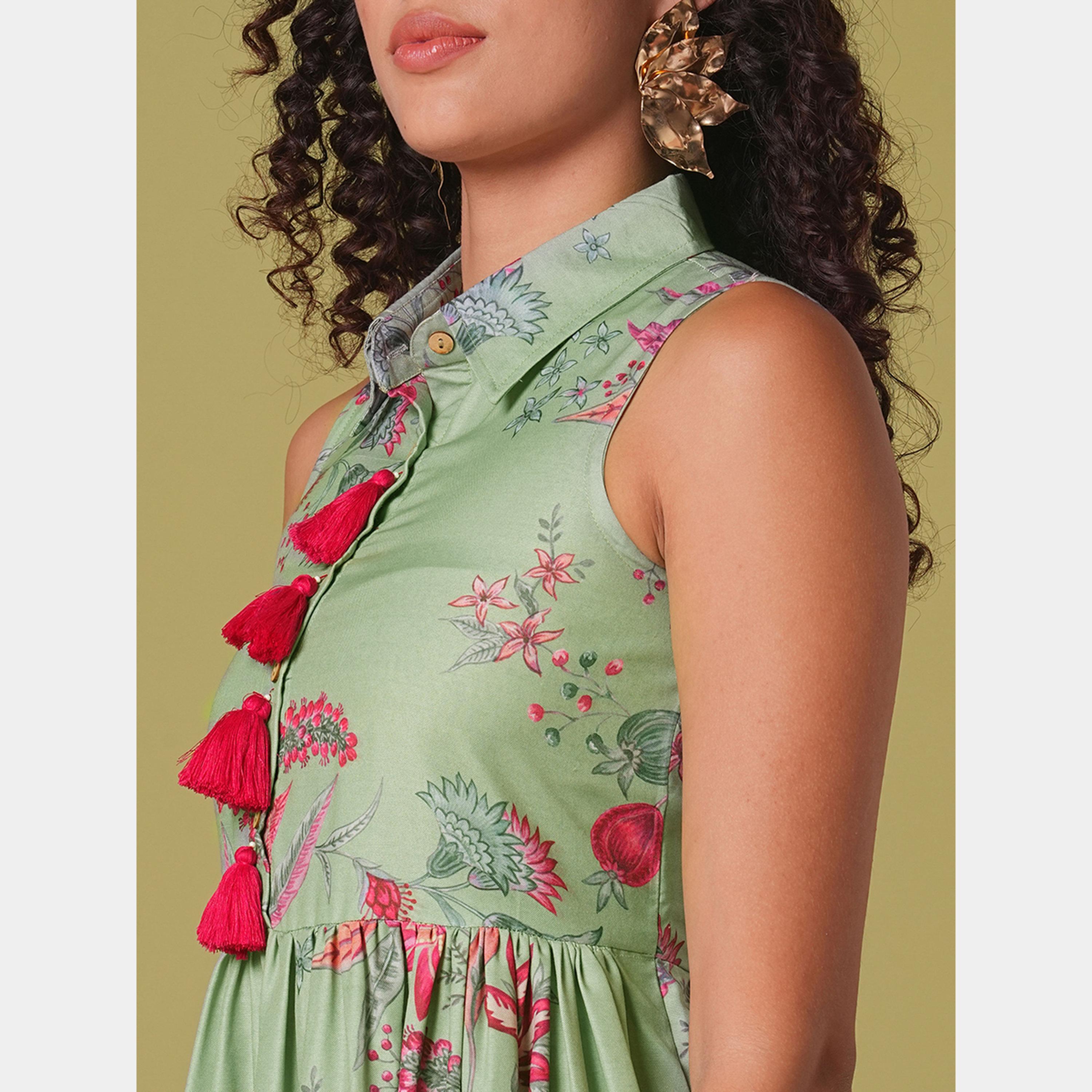 غلوبوص × ستايلي - فستان نسائي متوسط ​​الطول بتصميم مجمع مع ياقة وتفاصيل شرابة وطبعة زهور-women-clothing-ethnicwear-dresses-image-4