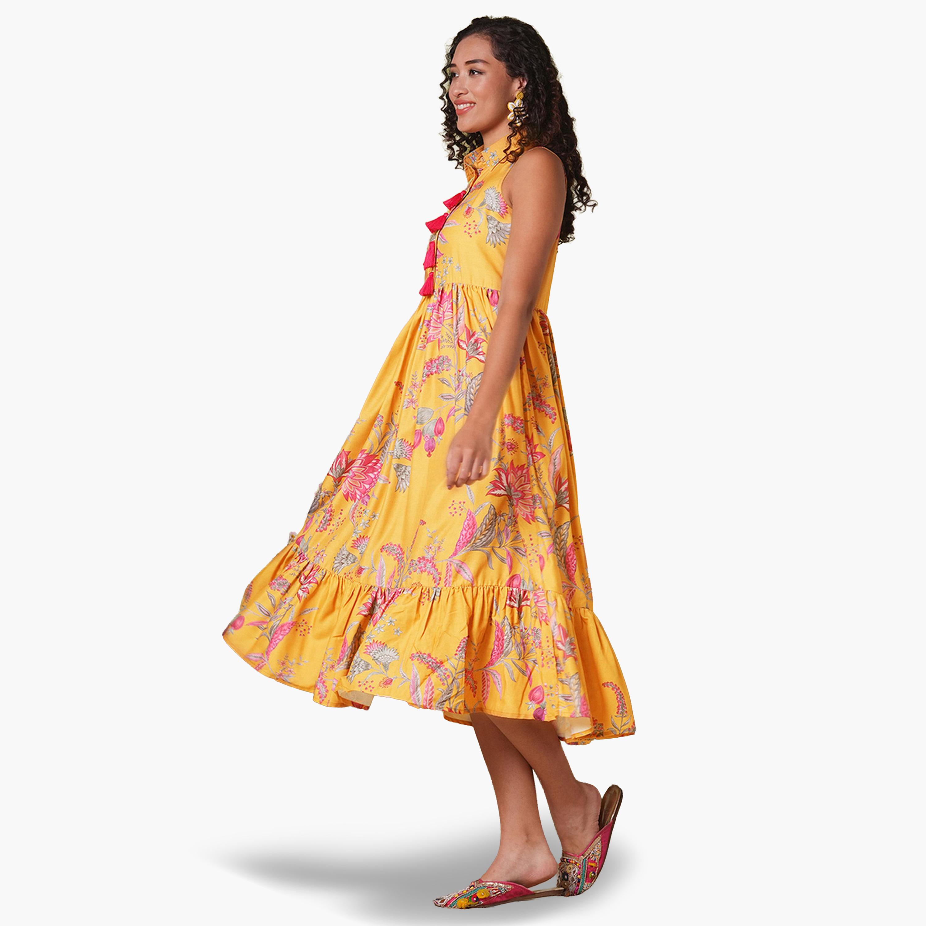 غلوبوص × ستايلي - فستان متوسط الطول مزين بشرابات وطبعة زهور-women-clothing-ethnicwear-dresses-image-1