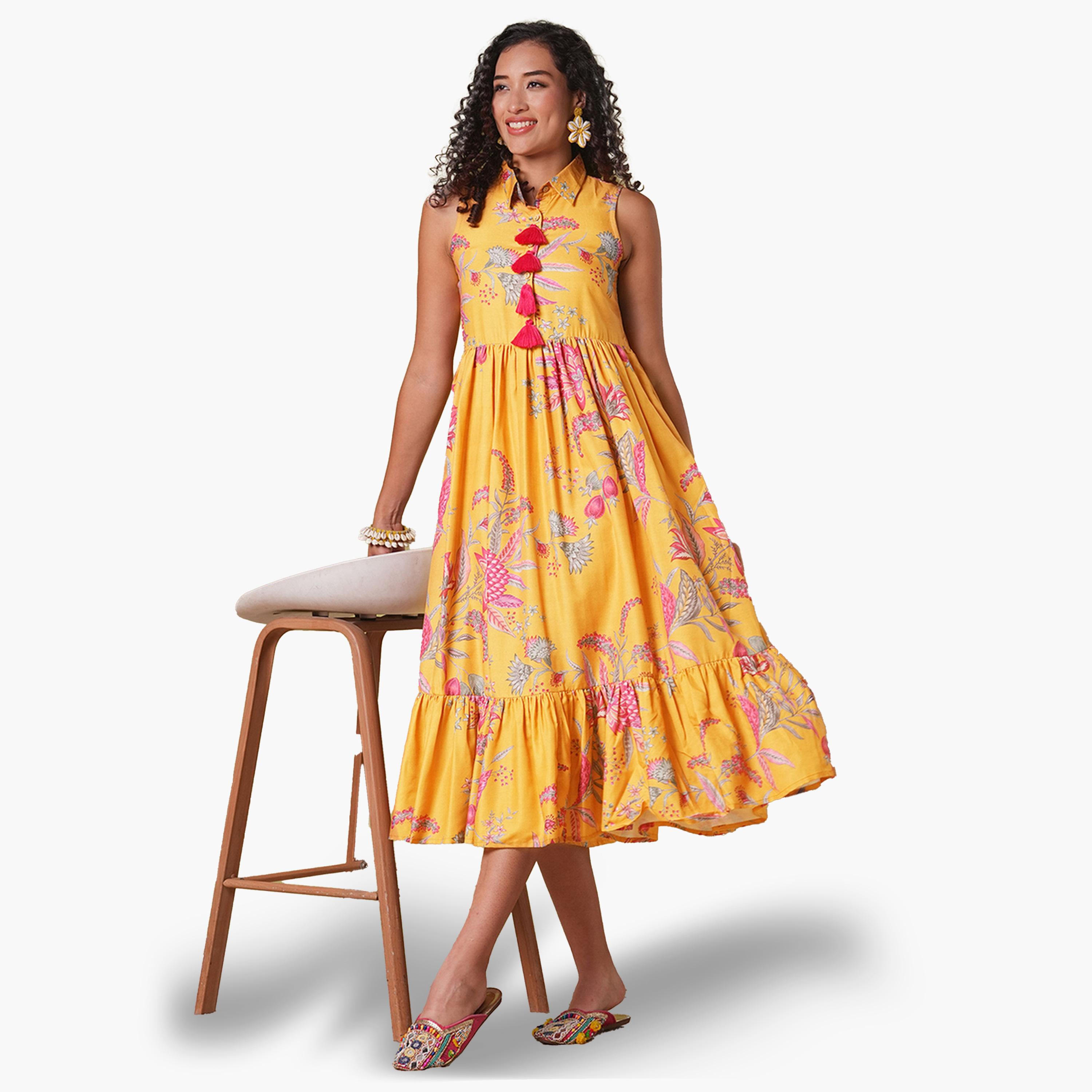 غلوبوص × ستايلي - فستان متوسط الطول مزين بشرابات وطبعة زهور-women-clothing-ethnicwear-dresses-image-2