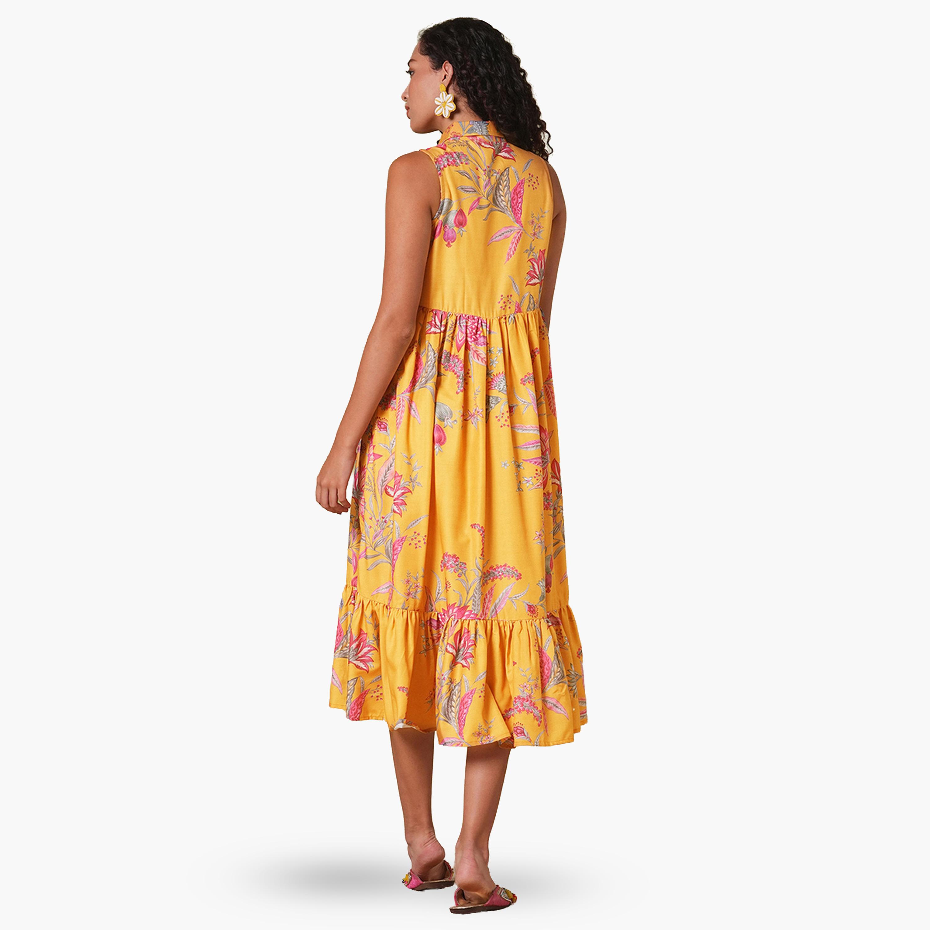 غلوبوص × ستايلي - فستان متوسط الطول مزين بشرابات وطبعة زهور-women-clothing-ethnicwear-dresses-image-3