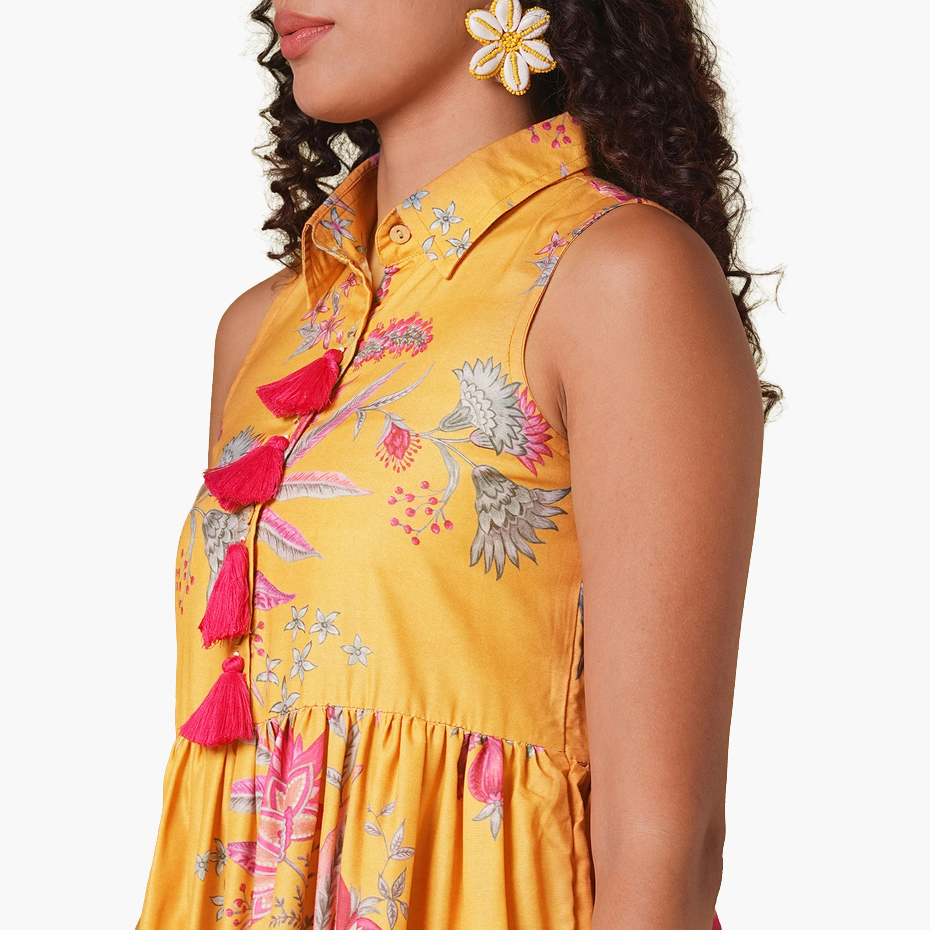 غلوبوص × ستايلي - فستان متوسط الطول مزين بشرابات وطبعة زهور-women-clothing-ethnicwear-dresses-image-4