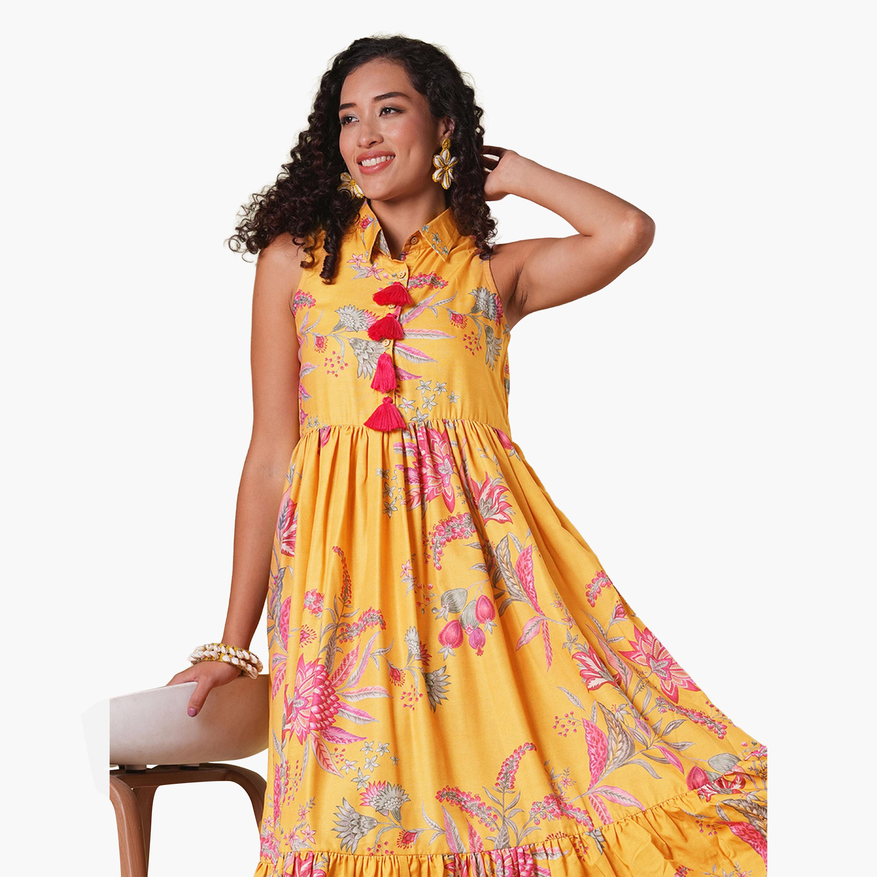 غلوبوص × ستايلي - فستان متوسط الطول مزين بشرابات وطبعة زهور-women-clothing-ethnicwear-dresses-image-5
