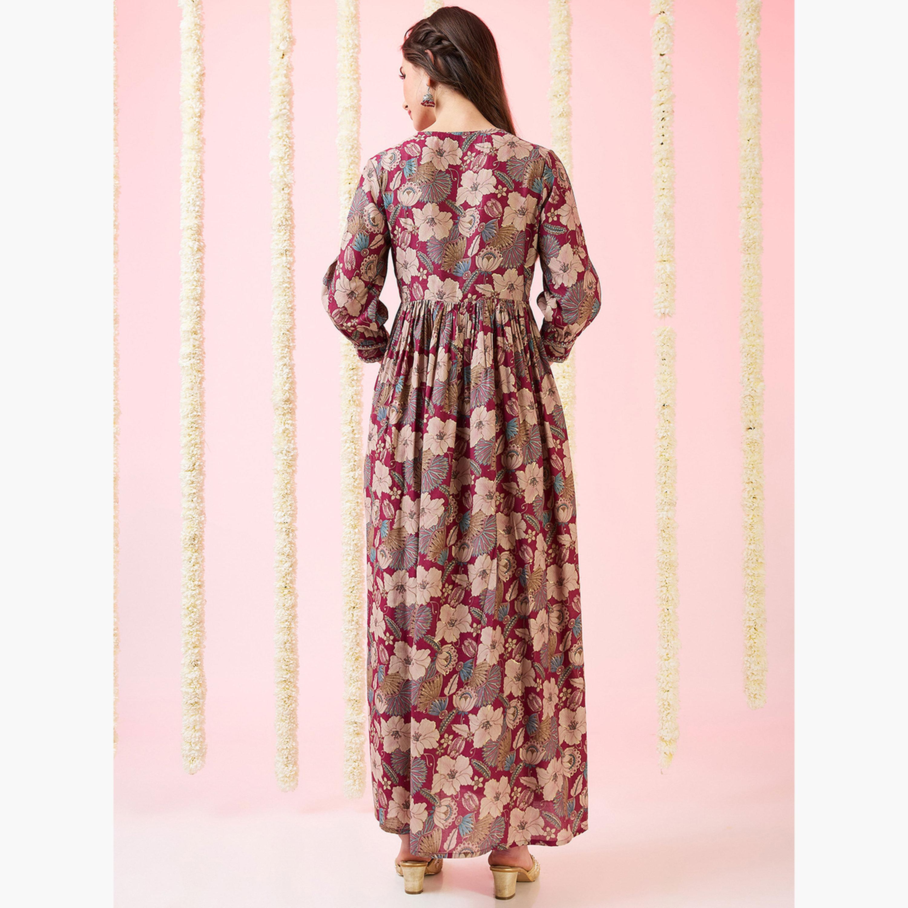 غلوبوص × ستايلي - فستان ماكسي مطبوع عليه زهور برقائق ذهبية-women-clothing-ethnicwear-dresses-image-3