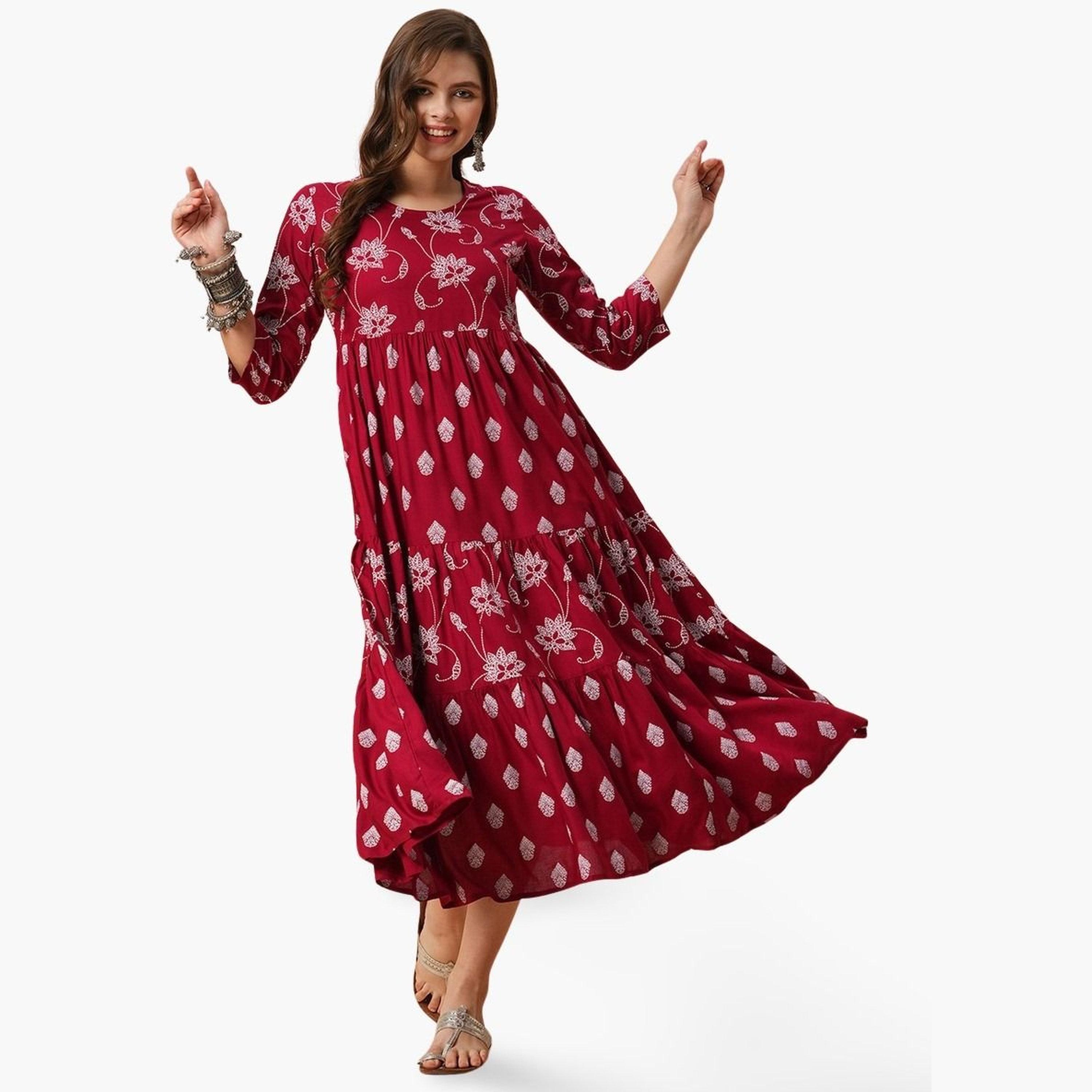 Globus X Styli Floral Ethnic Print Gathered Tiered Midi Dress-women-clothing-ethnicwear-dresses-image-1