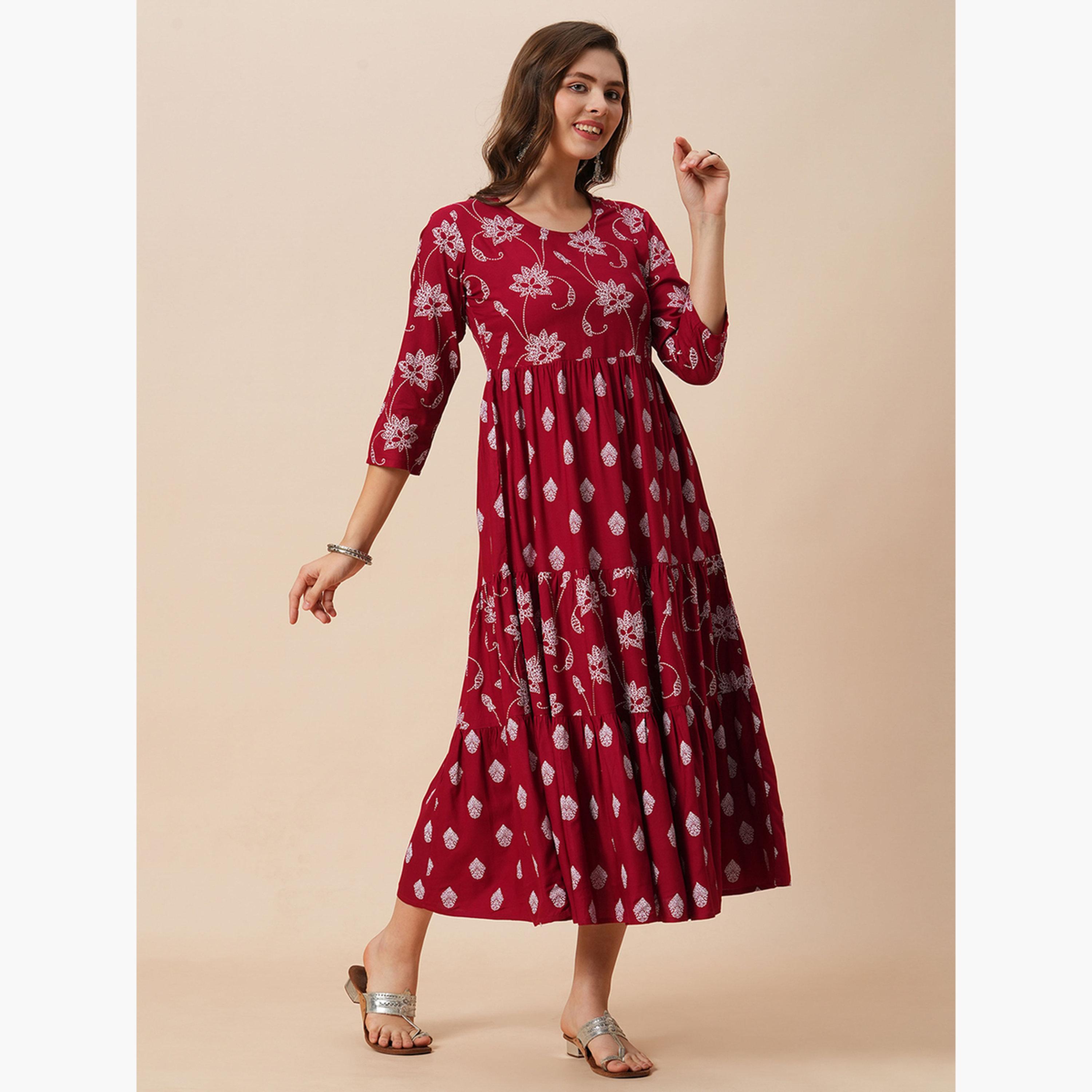 غلوبوص × ستايلي - فستان متوسط ​​الطول بطبقات متعددة وطبعة زهور عرقية-women-clothing-ethnicwear-dresses-image-2