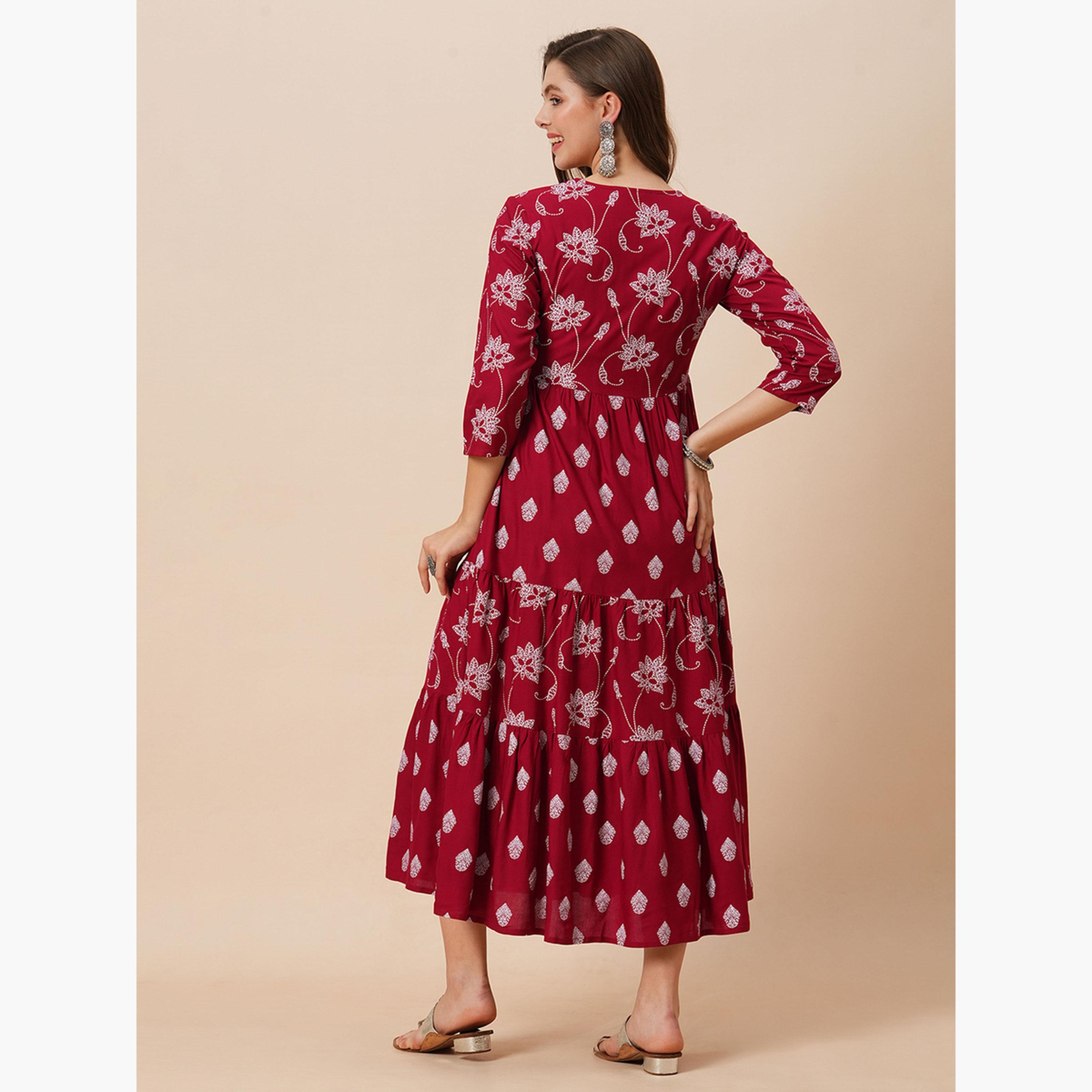 Globus X Styli Floral Ethnic Print Gathered Tiered Midi Dress-women-clothing-ethnicwear-dresses-image-3