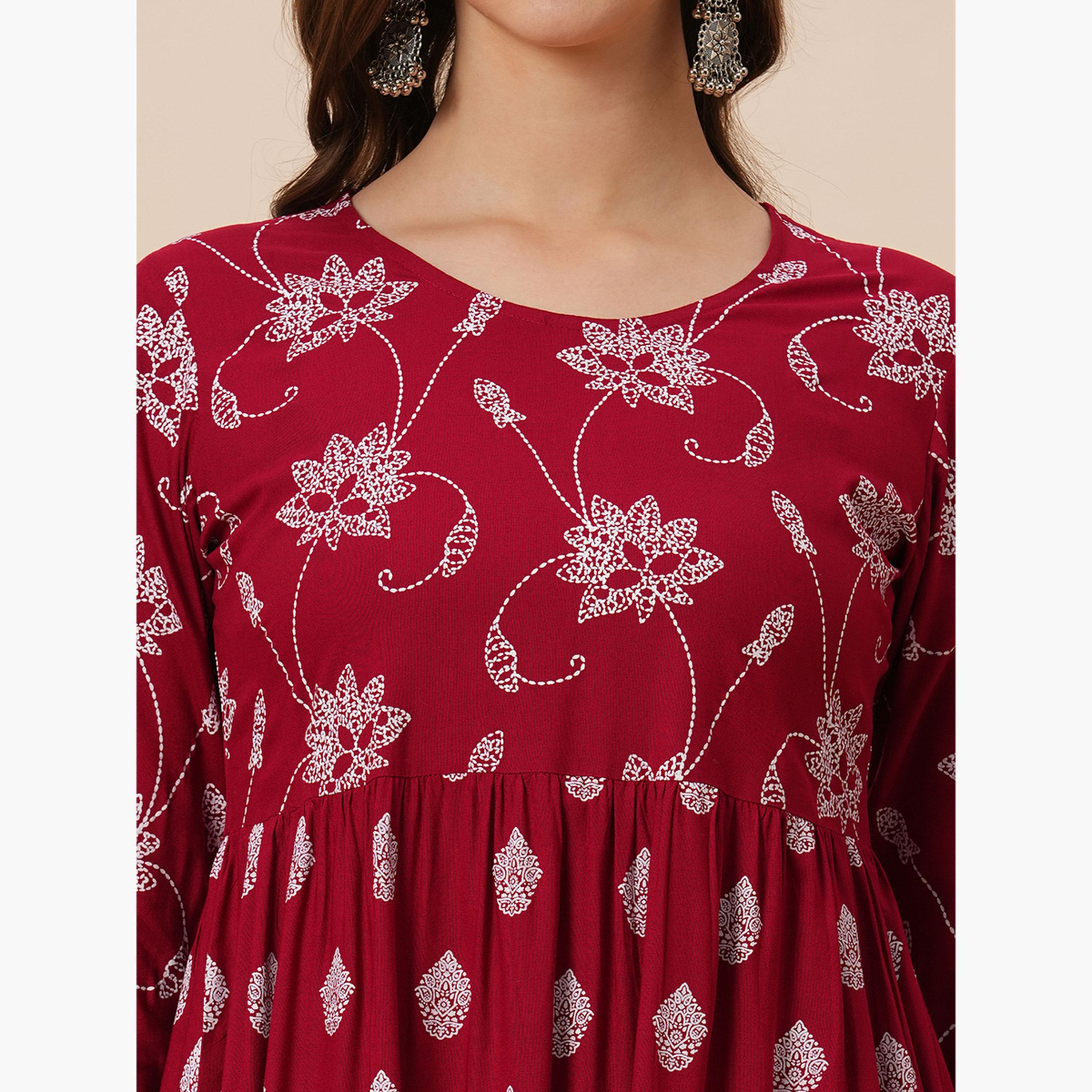 Globus X Styli Floral Ethnic Print Gathered Tiered Midi Dress-women-clothing-ethnicwear-dresses-image-4
