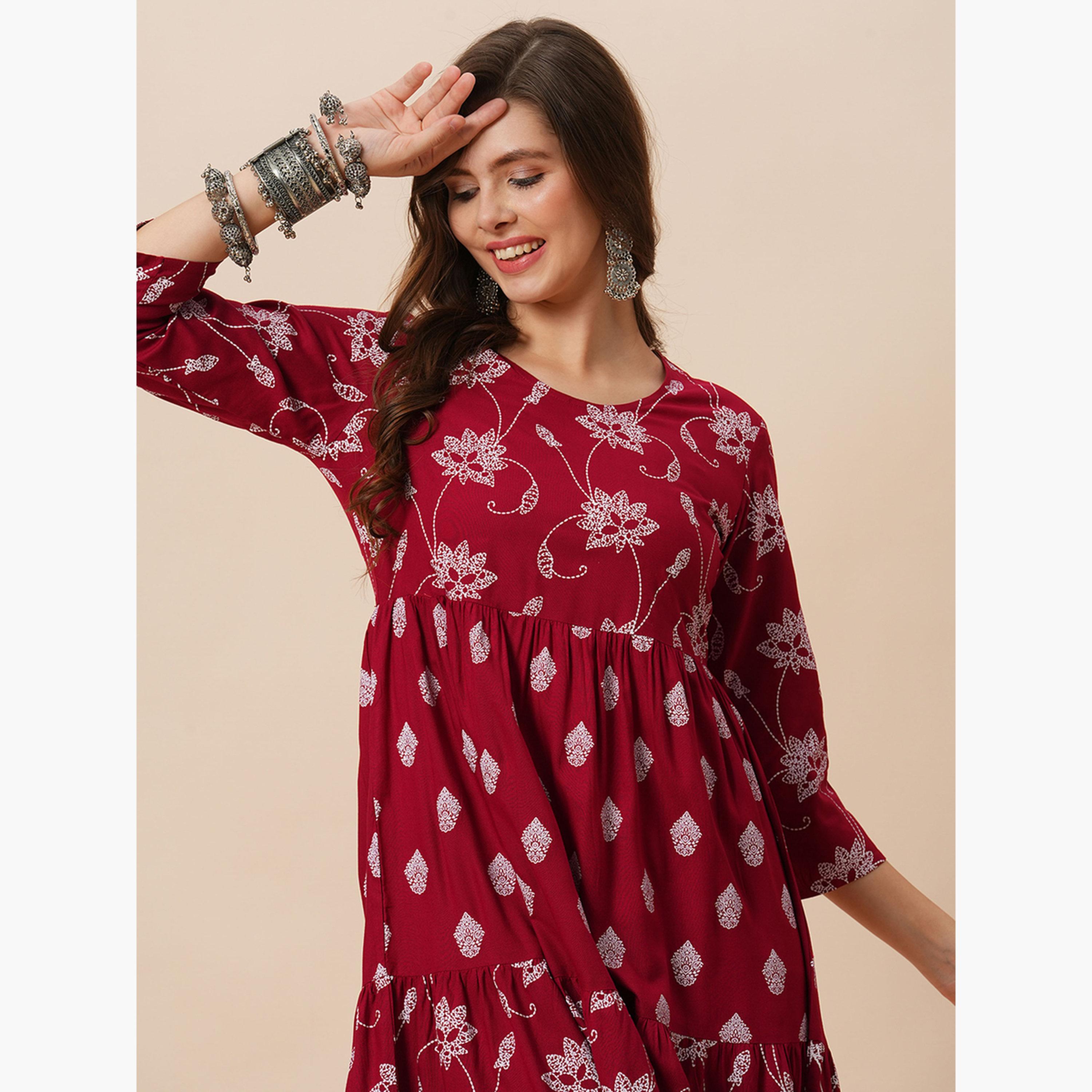 Globus X Styli Floral Ethnic Print Gathered Tiered Midi Dress-women-clothing-ethnicwear-dresses-image-6
