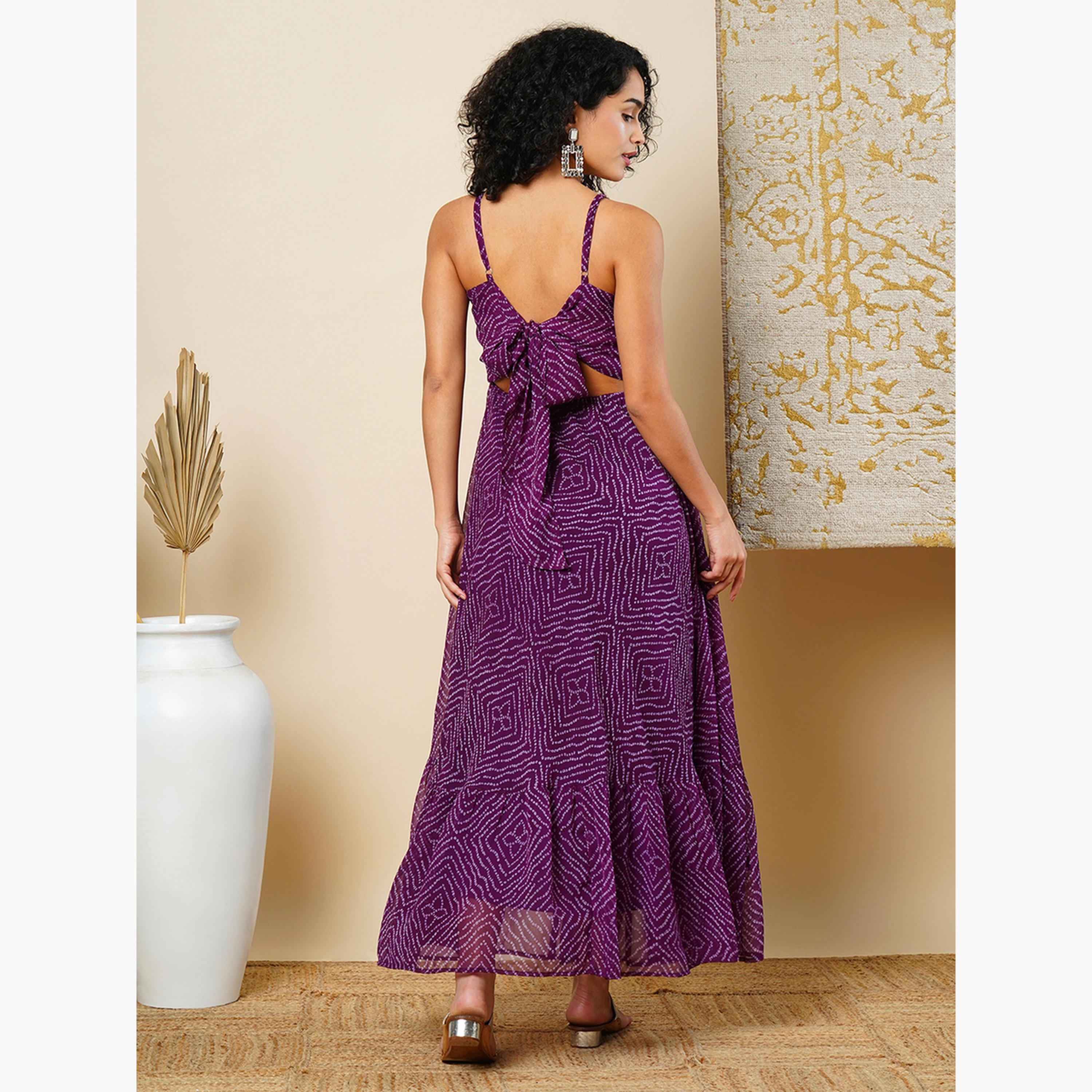 غلوبوص × ستايلي - فستان ماكسي بطبعة باندهاني وحاشية واسعة وربطة خلفية-women-clothing-ethnicwear-dresses-image-3