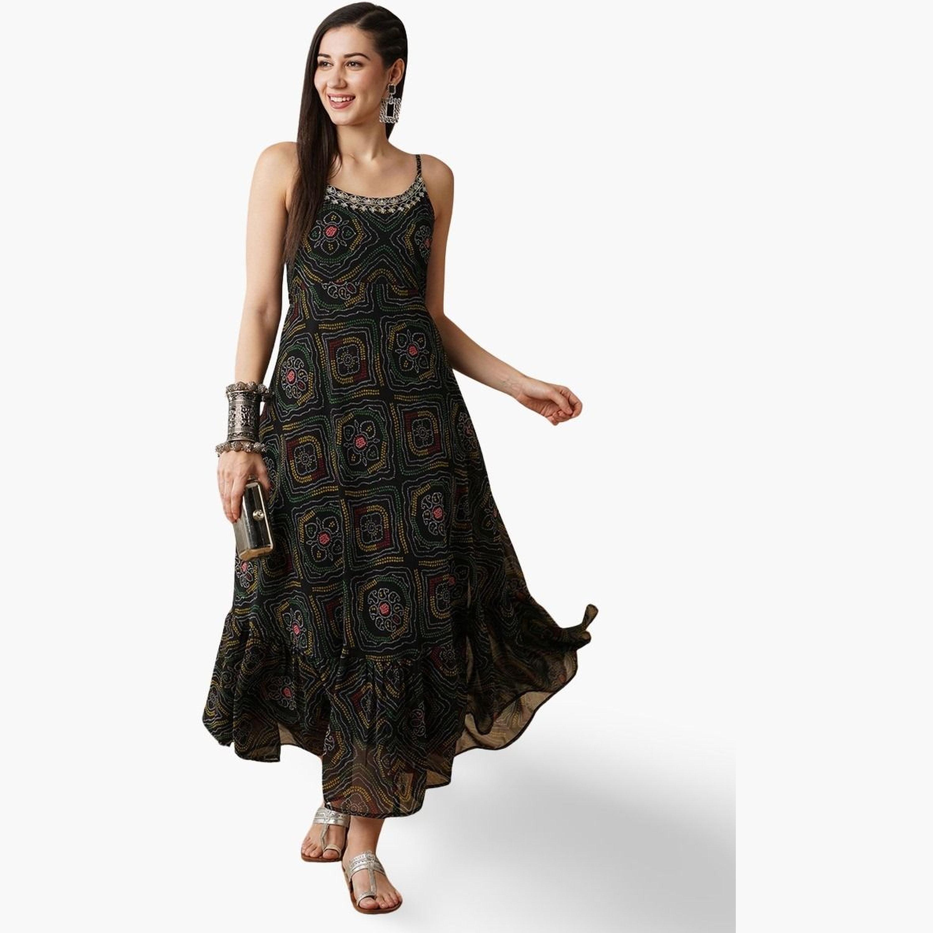 غلوبوص × ستايلي - فستان ماكسي بطباعة باندهاني على الكتف-women-clothing-ethnicwear-dresses-image-1