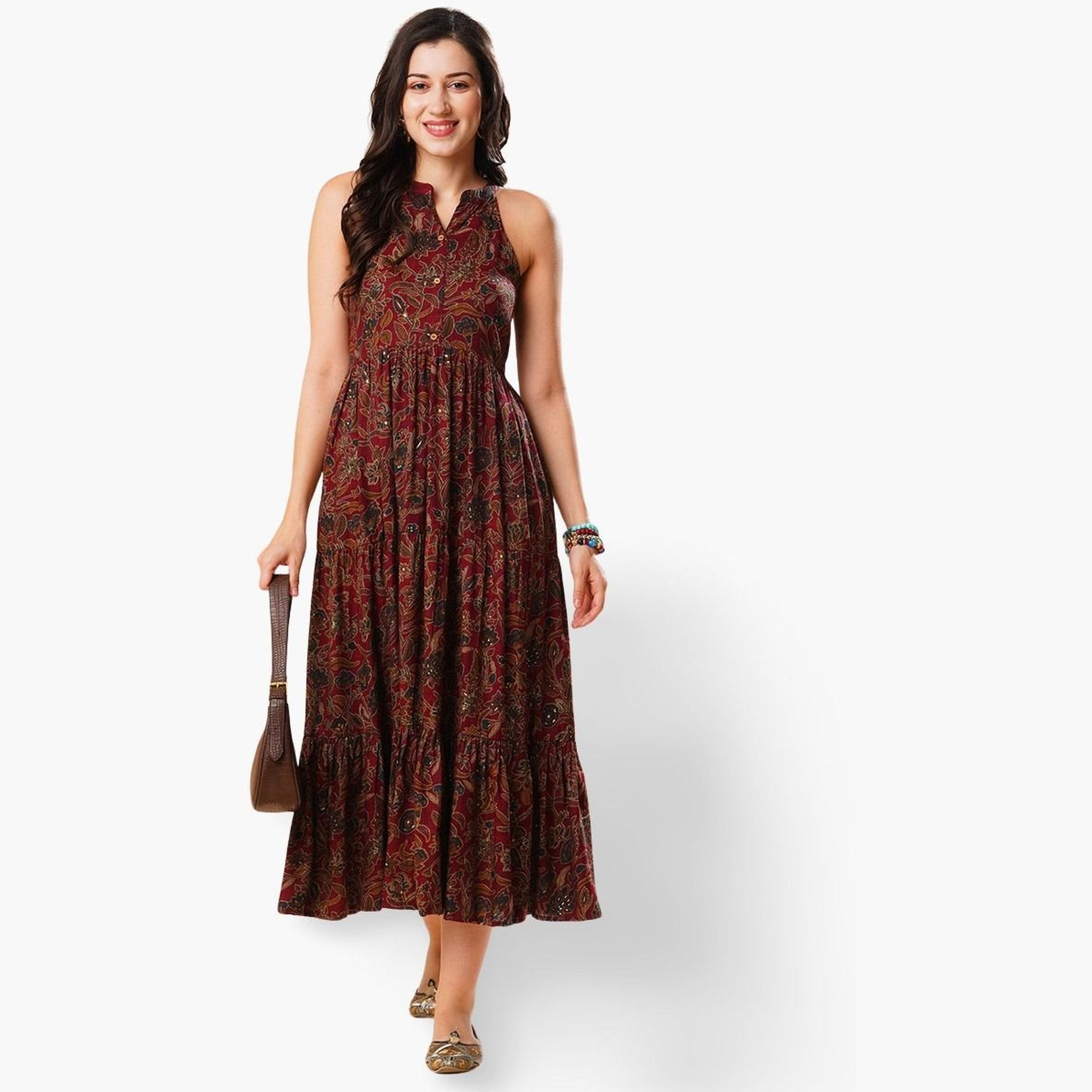 غلوبوص × ستايلي - فستان ماكسي متعدد الطبقات بياقة ماندرين-women-clothing-ethnicwear-dresses-image-1