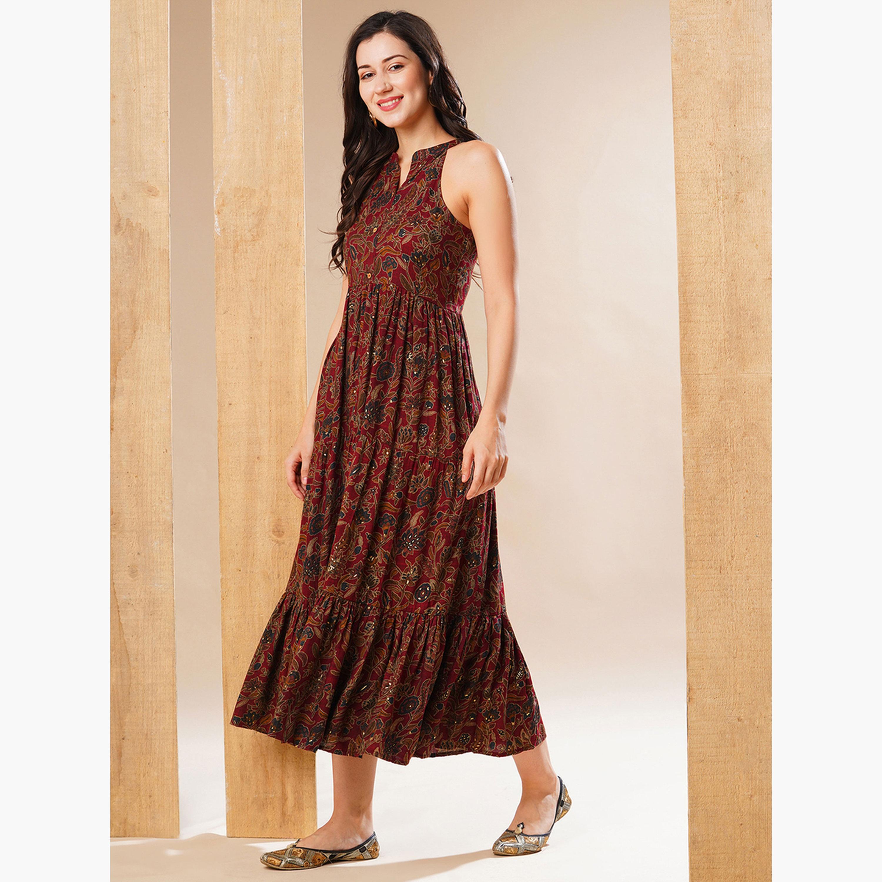 غلوبوص × ستايلي - فستان ماكسي متعدد الطبقات بياقة ماندرين-women-clothing-ethnicwear-dresses-image-2