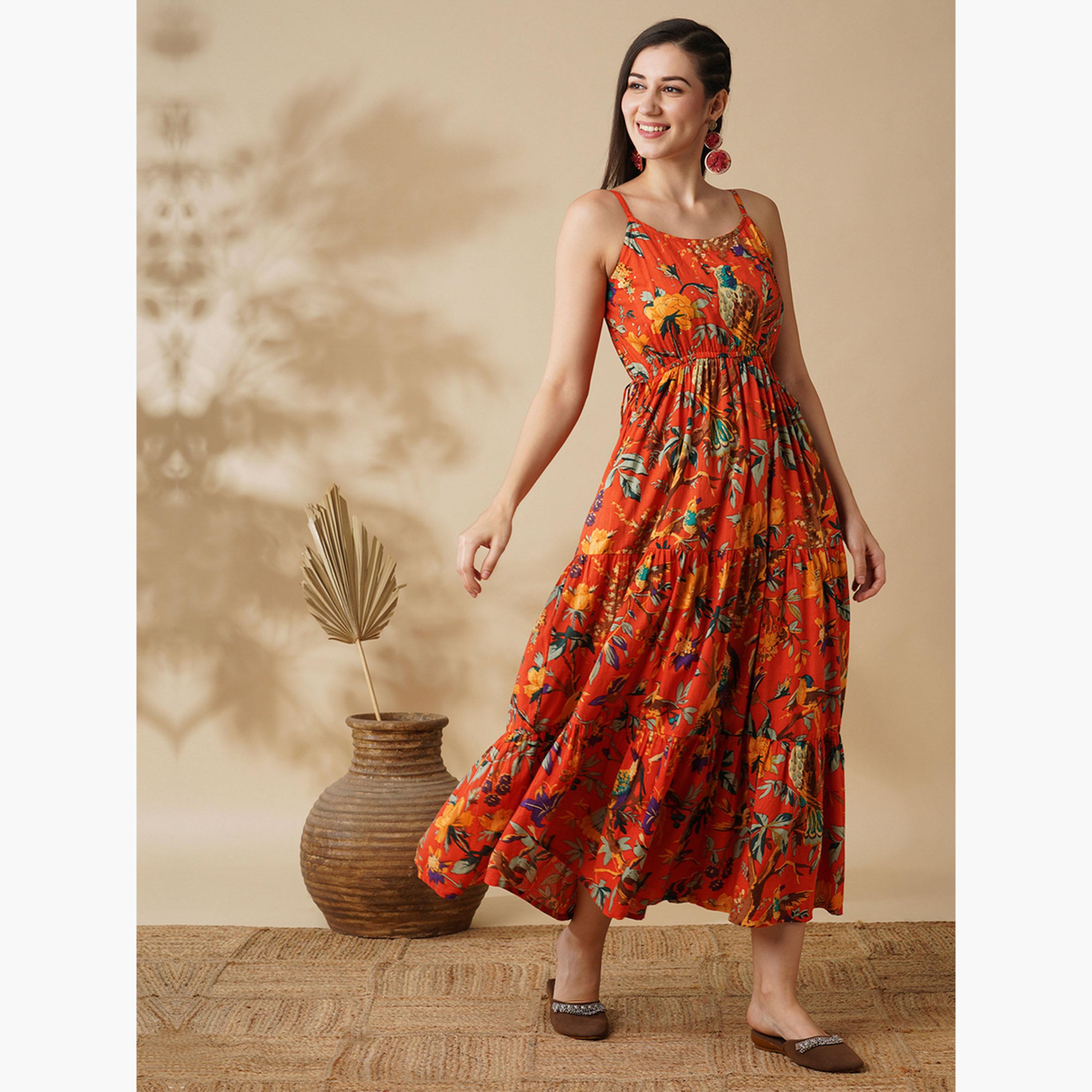 غلوبوص × ستايلي - فستان ماكسي بطبعة زهور مع رباط على الخصر-women-clothing-ethnicwear-dresses-image-2