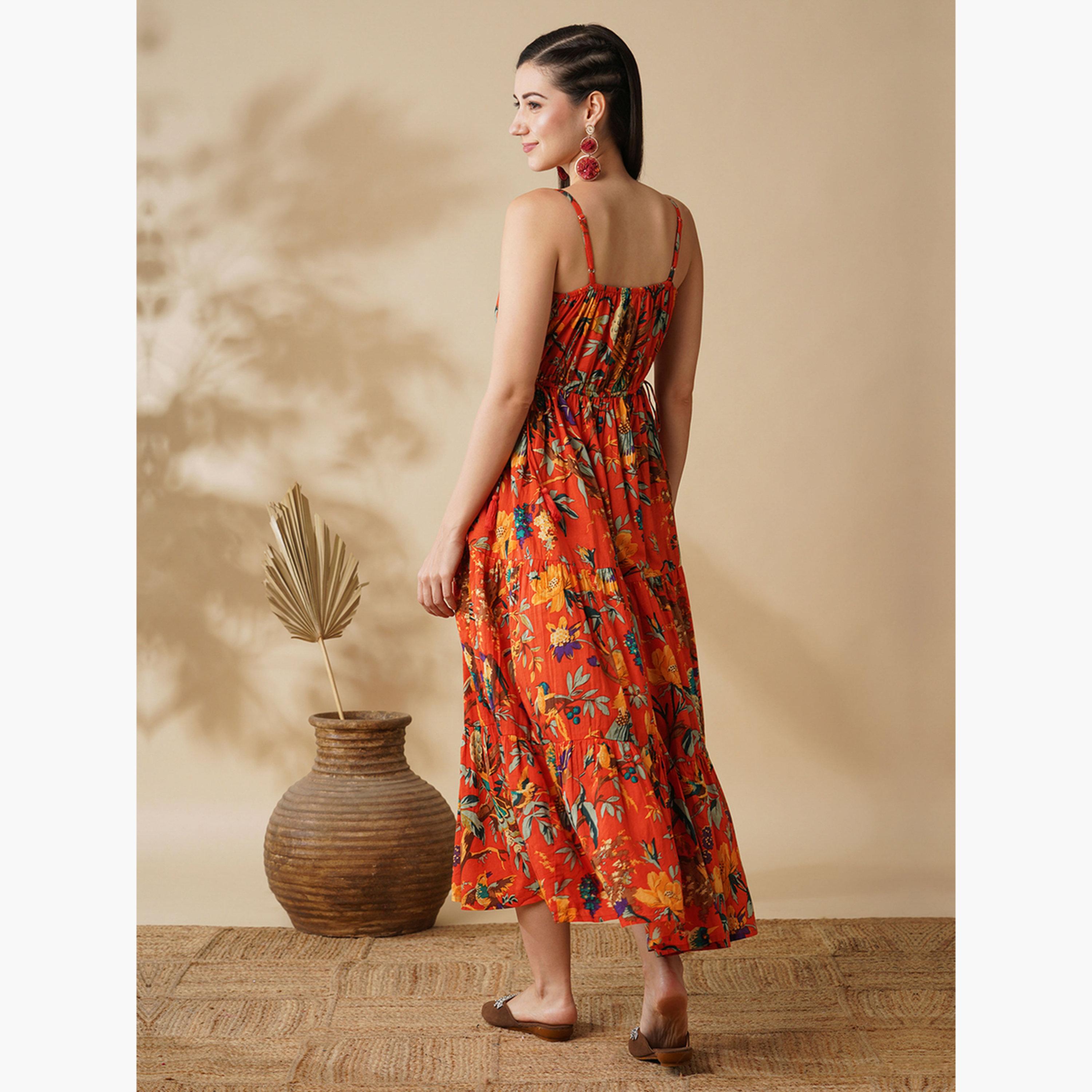 غلوبوص × ستايلي - فستان ماكسي بطبعة زهور مع رباط على الخصر-women-clothing-ethnicwear-dresses-image-3