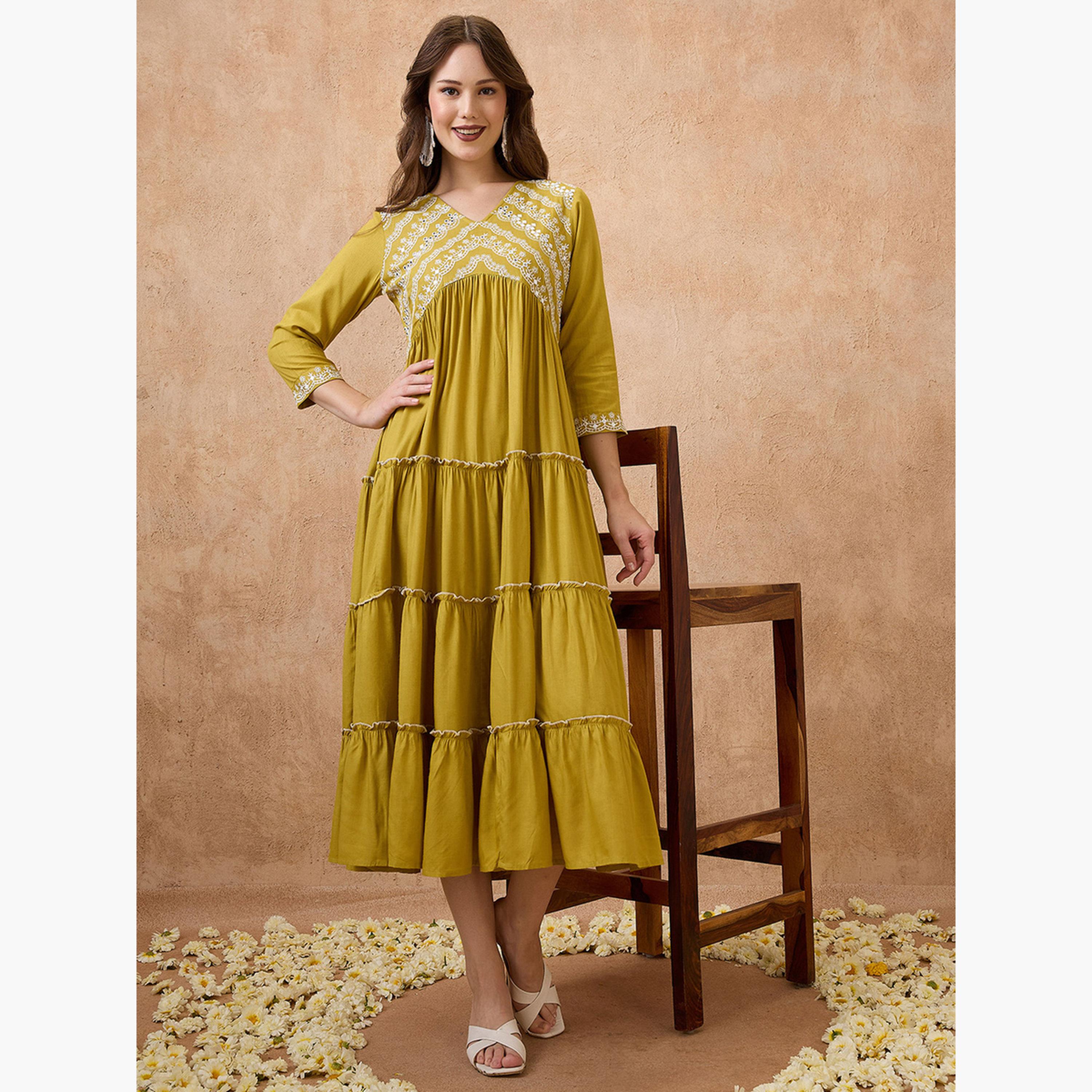 Globus X Styli Floral Embroidered Yoke Tiered Alia Cut Ethnic Dress-women-clothing-ethnicwear-dresses-image-2