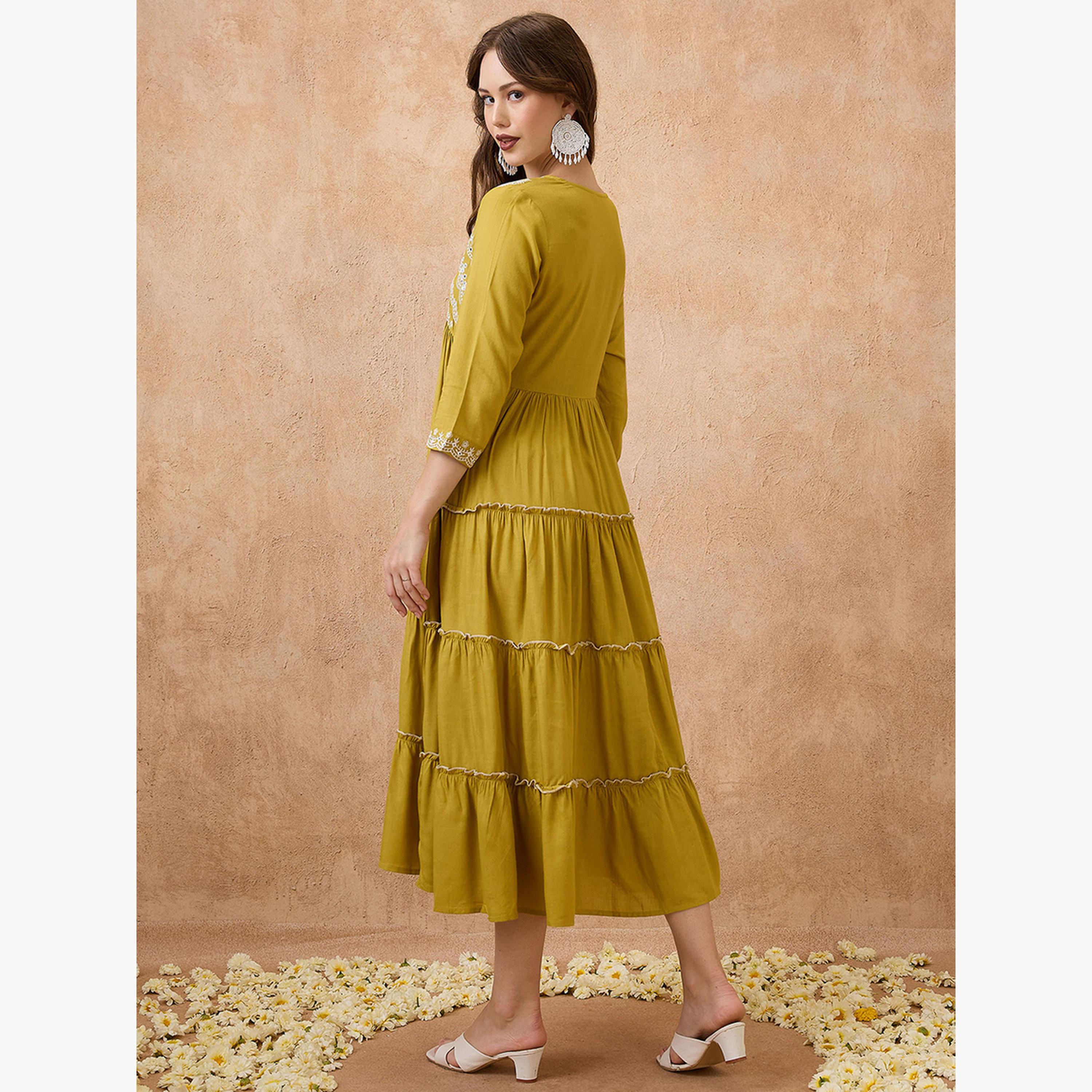 Globus X Styli Floral Embroidered Yoke Tiered Alia Cut Ethnic Dress-women-clothing-ethnicwear-dresses-image-3