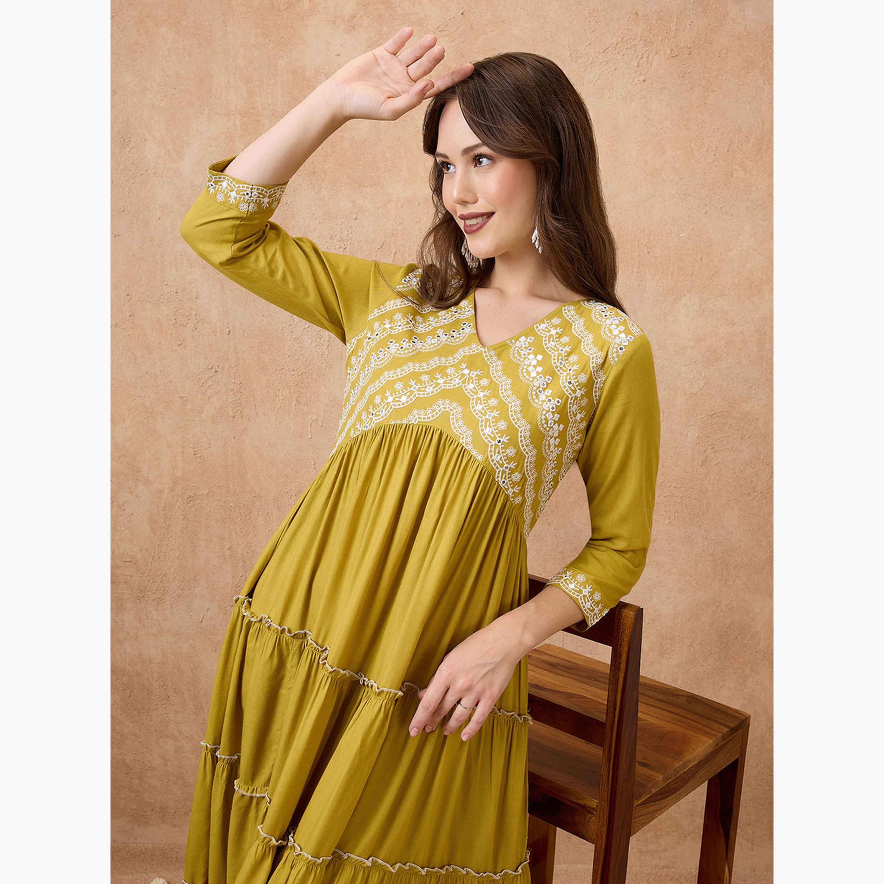 Globus X Styli Floral Embroidered Yoke Tiered Alia Cut Ethnic Dress-women-clothing-ethnicwear-dresses-image-5