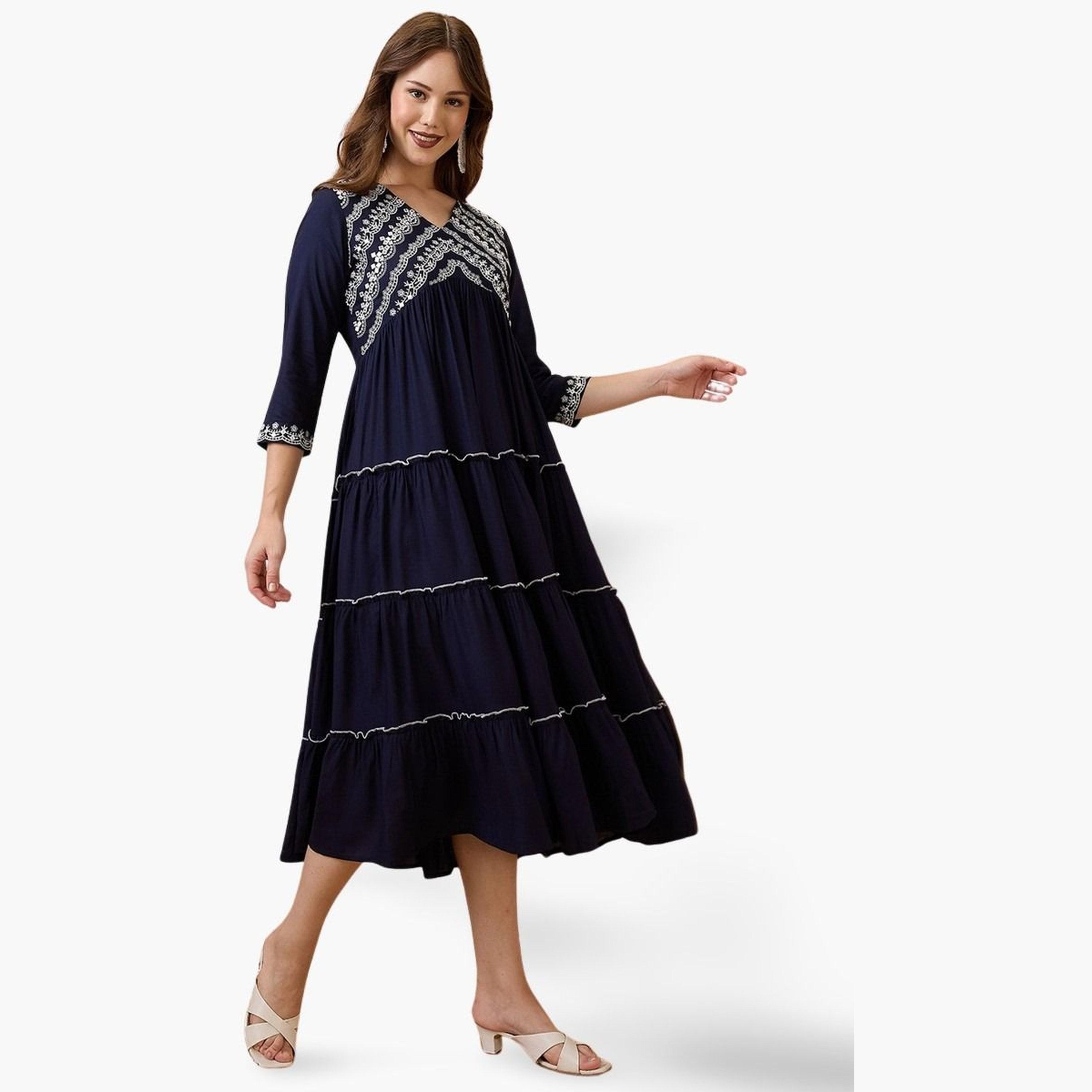 Globus X Styli Floral Embroidered Yoke Tiered Alia Cut Ethnic Dress-women-clothing-ethnicwear-dresses-image-1